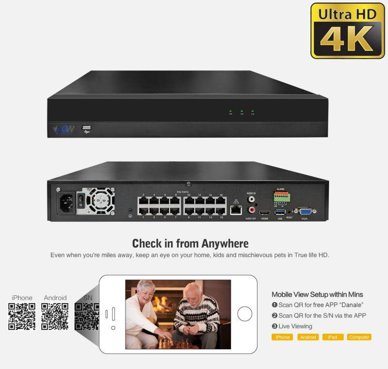 GW Security 4K 8 Channel NVR Security Camera System with 1TB HDD, 4 x 4K IP PoE 8MP Turret cameras, 100-Degrees Wide-angle, 100FT Night Vision