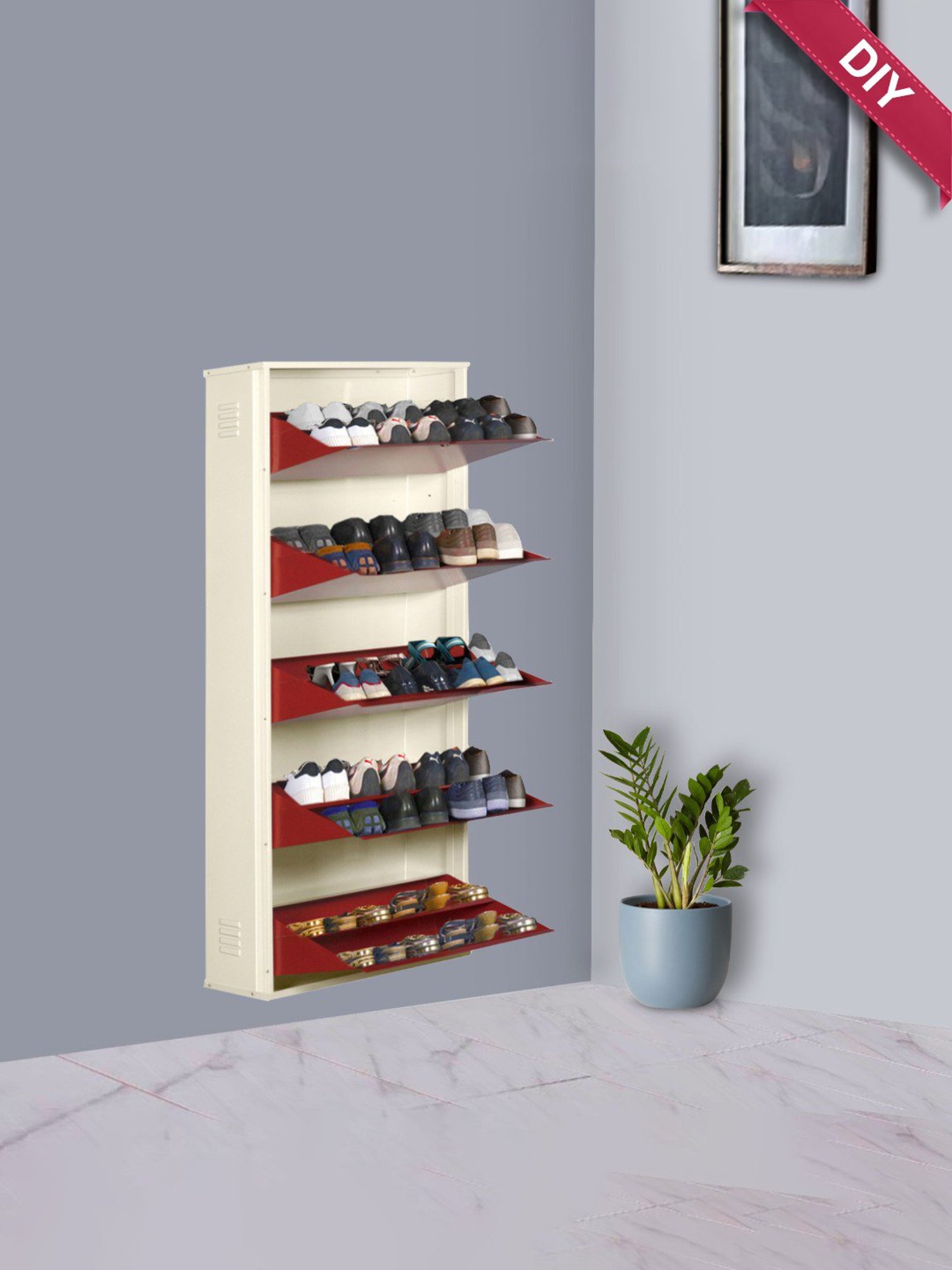 Delite Kom Double-Decker Ivory Brick Red Wall Mounted Metal Shoe Rack (10 Shelves DIY)