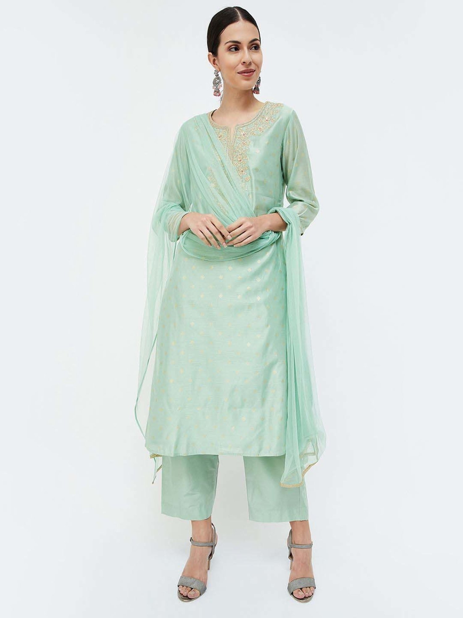 Melange by Lifestyle Sea Green Embroidered Kurta & Palazzo Set With Dupatta