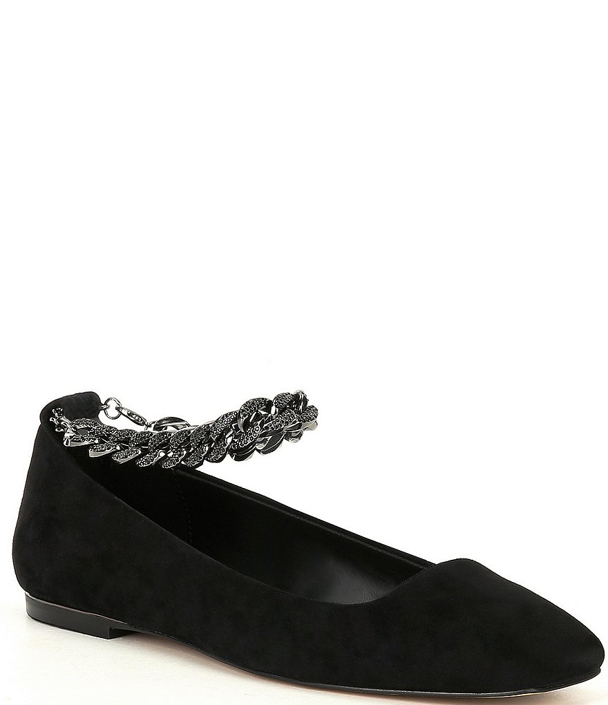 KARL LAGERFELD PARIS Zanna Suede Rhinestone Embellished Ankle Strap Flats