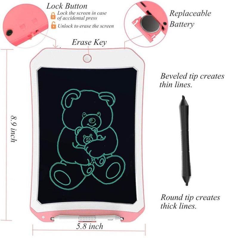 JRD&BS WINL 8.5 in Drawing Tablet Doodle Pad Toys for Kids Birthday Gift for 4-13 Yr Old Writing Tablet with Stylus Smart Paper for Drawing Writer, for Teen Boys Girls (Pink White D)