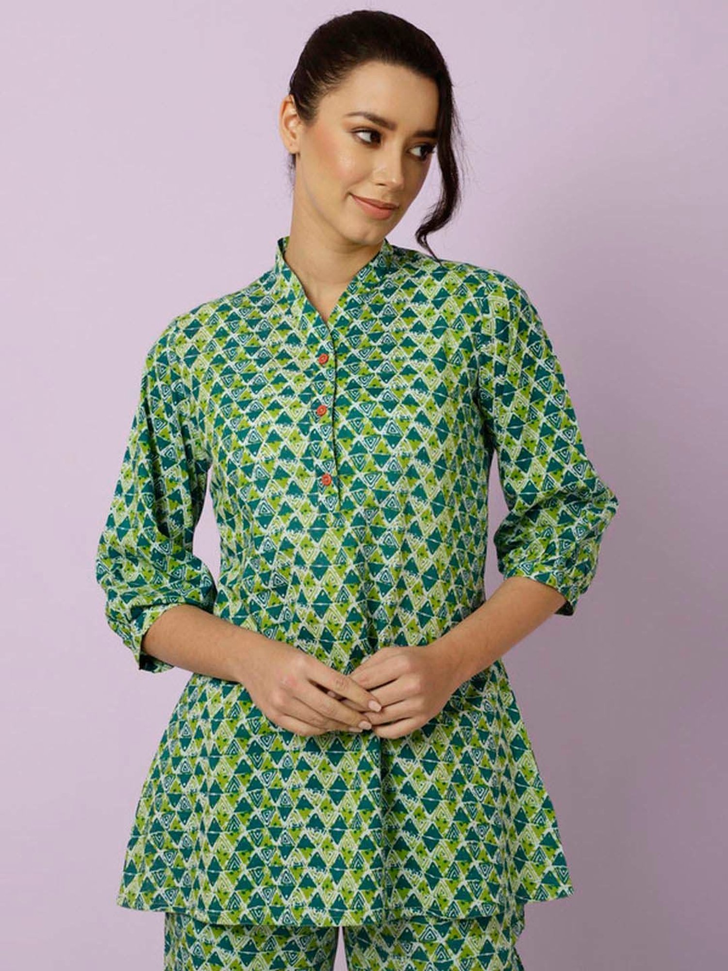 Jaipur Kurti Green Cotton Printed Tunic Palazzos Set