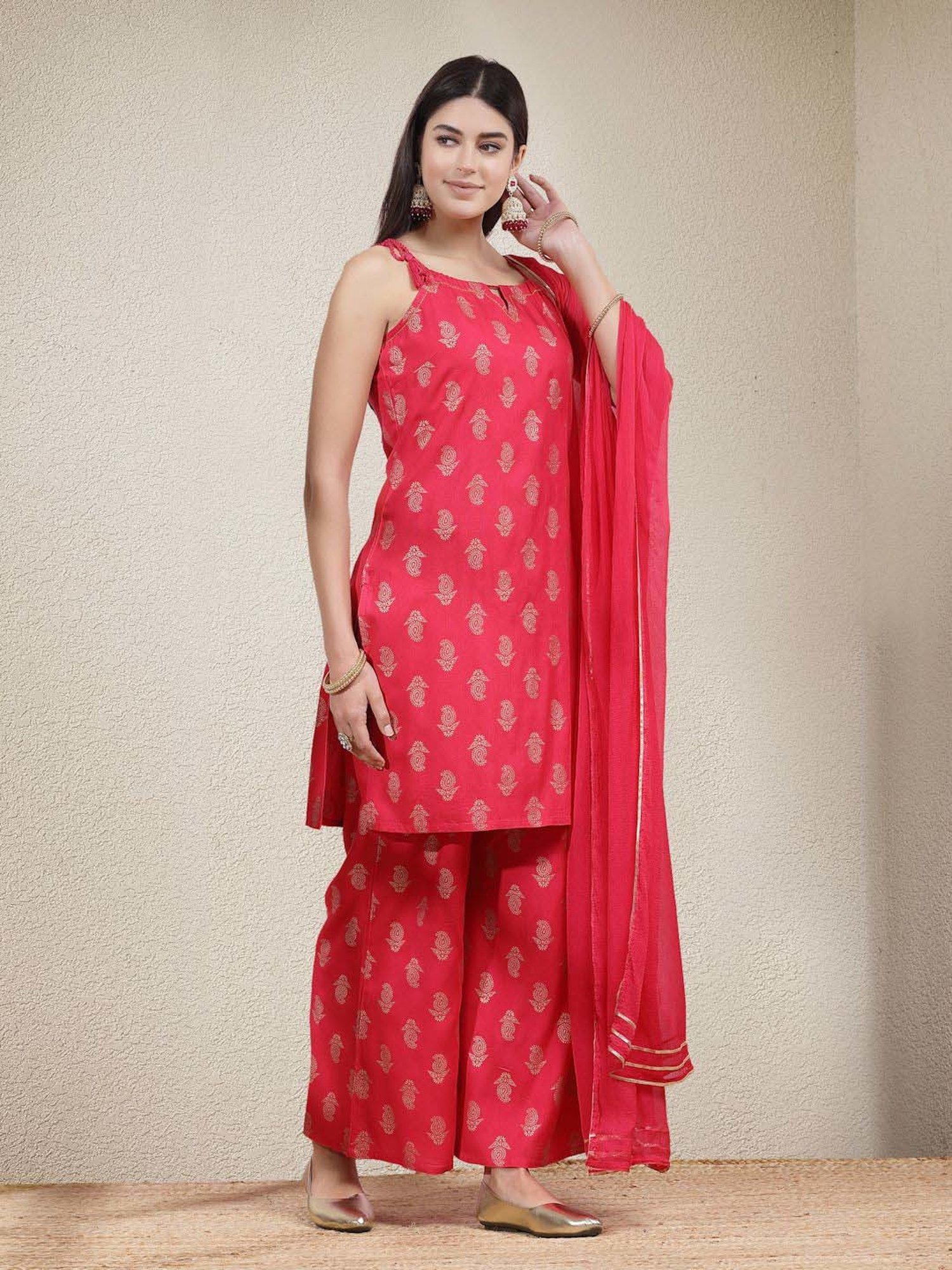 Stylum Pink Printed Kurti Palazzo Set With Dupatta