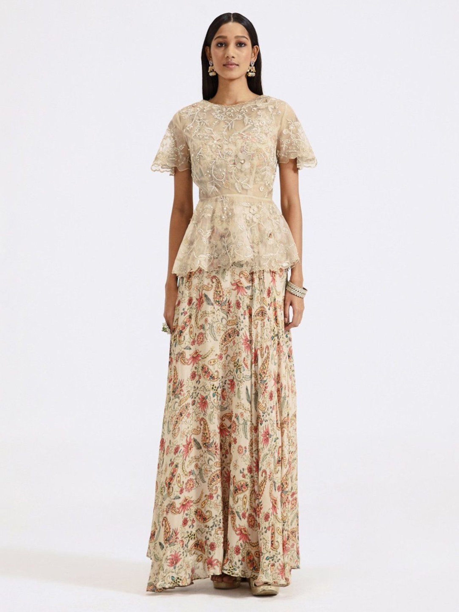 Basanti Kapde aur Koffee Grey Evolve Embroidered Top with Skirt