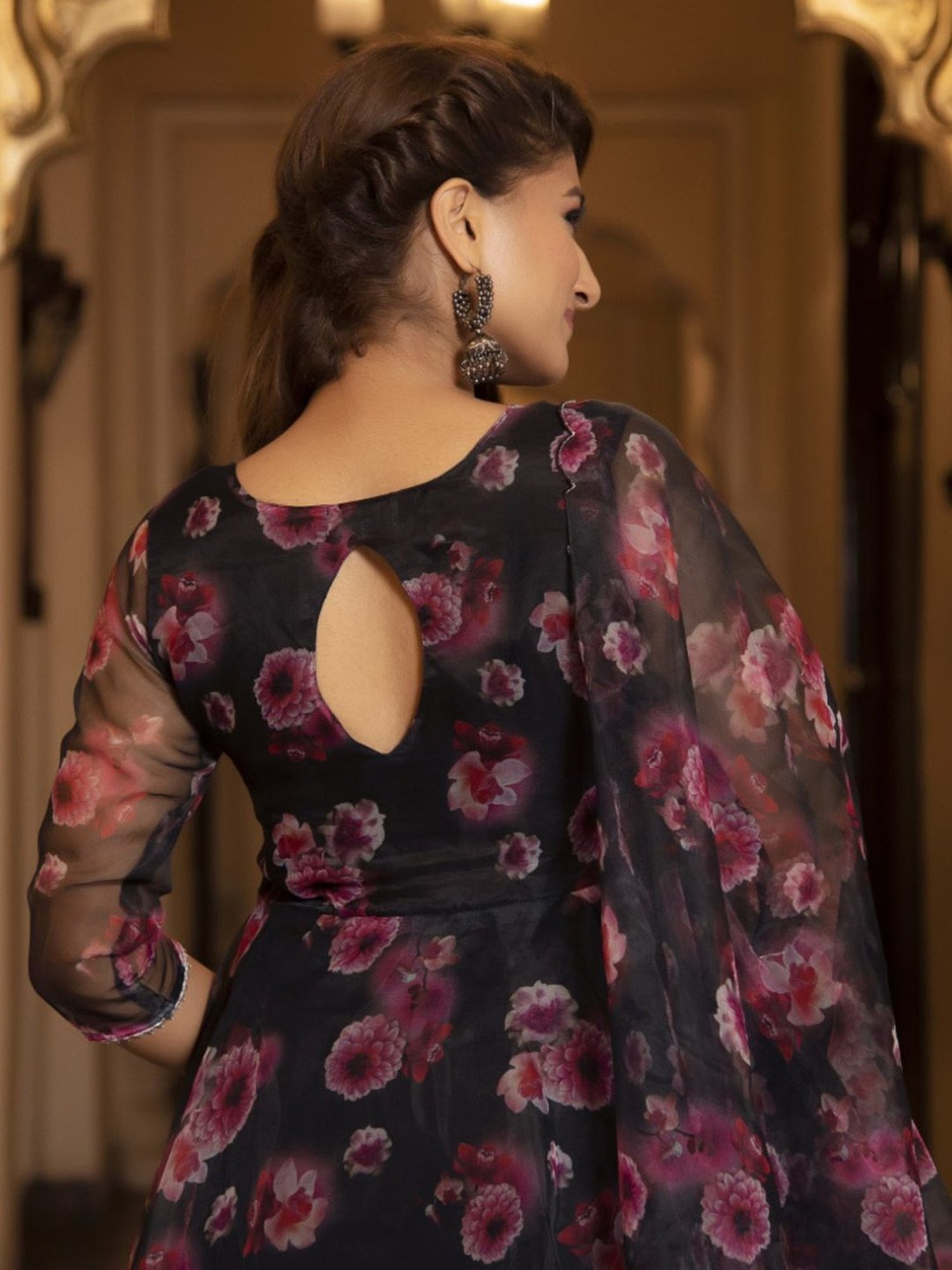 Calmna Black and Pink Floral Organza Anarkali Suit Set