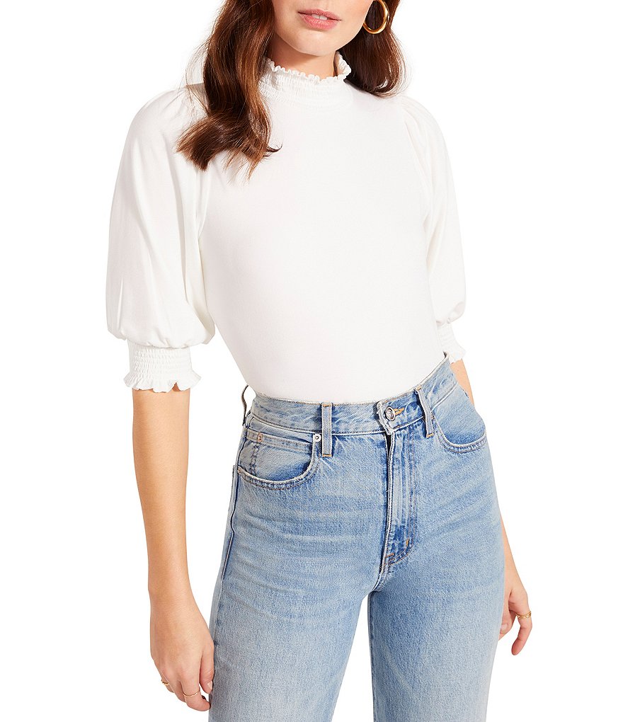 BB Dakota by Steve Madden Up to Here Puff Elbow Sleeve Mock Neck Smocked Top