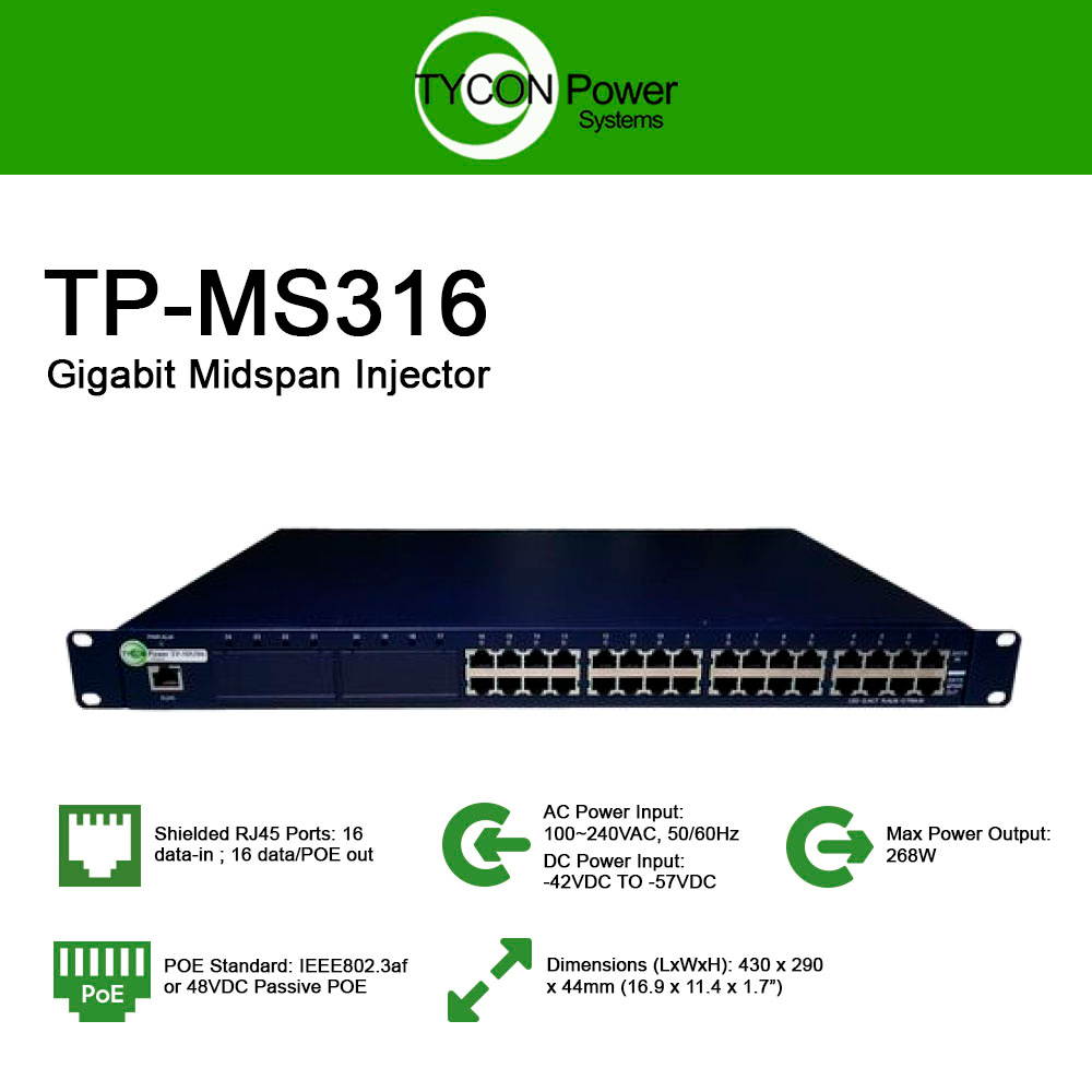 Tycon Power Systems TP-MS316 Midspan Gigabit PoE Injector with 16 Ports 802.3af/Passive and AC/DC Input