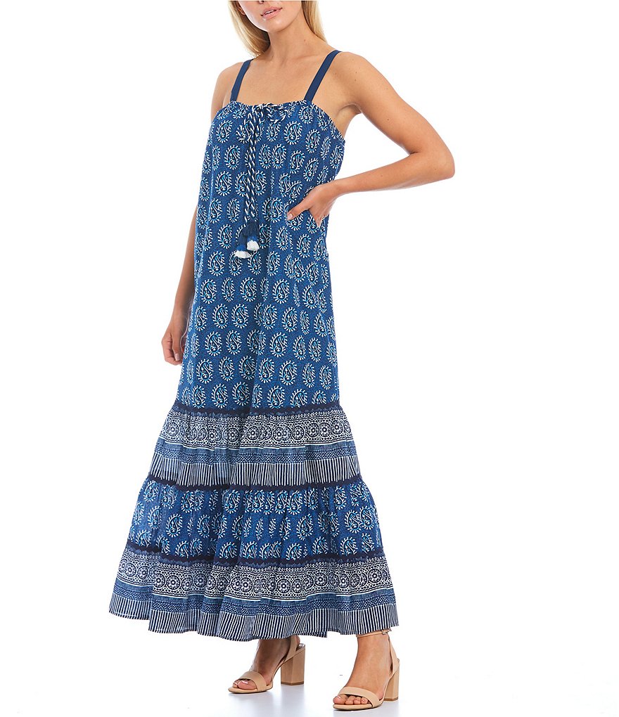 Chelsea & Violet Tiered Printed Cotton Lawn Ankle Length Square Neck Sleeveless Maxi Dress