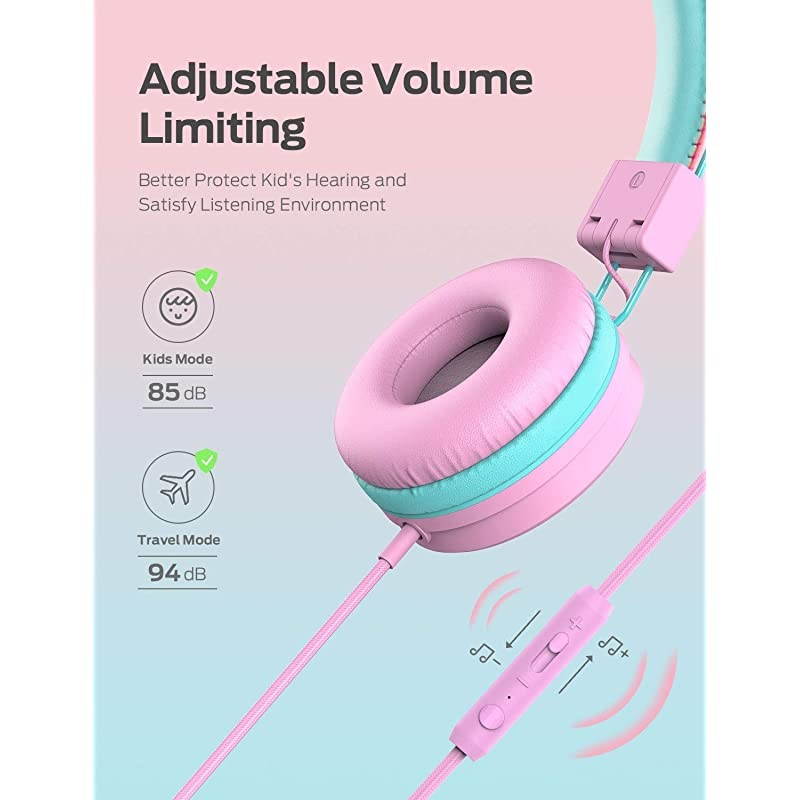 Kids Headphones for School with Microphone - 94dB Volume Control, Wired Headphones for Kids Girls Boys, Adjustable Foldable On-Ear Headphones for Online Learning/iPad/Tablet/Travel, Pink