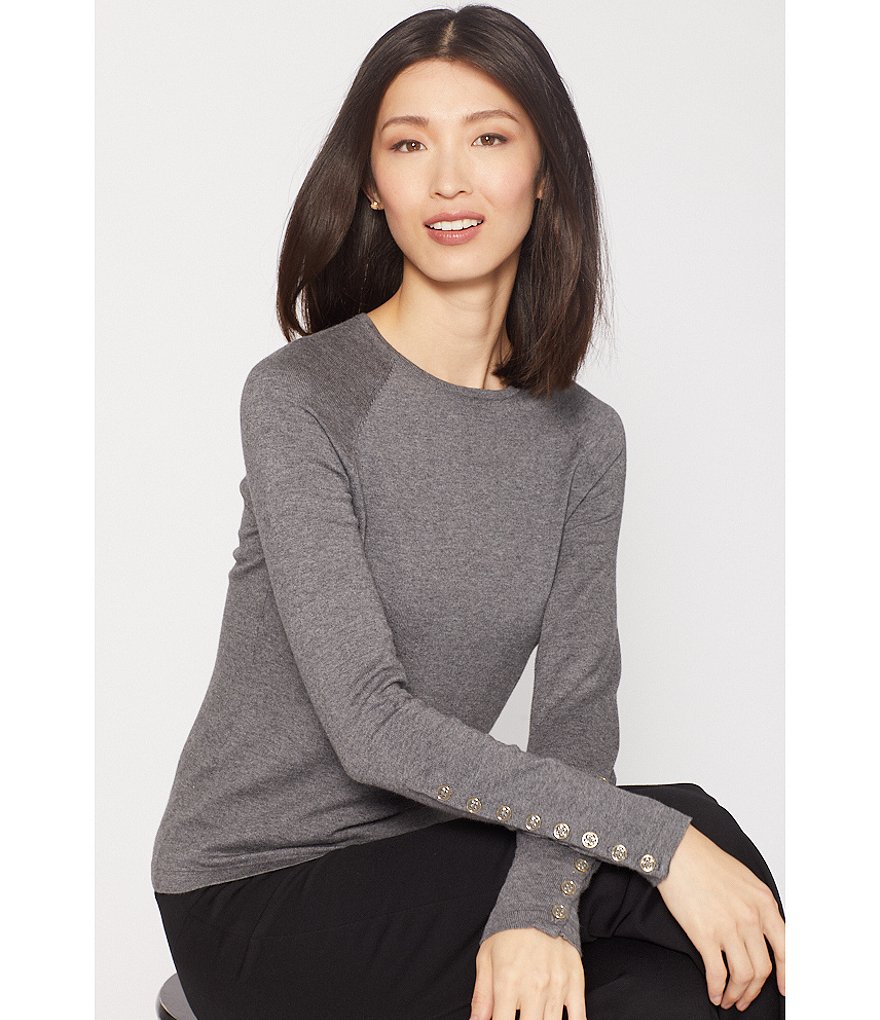 J.McLaughlin Jamey Crew Neck Button Trim Raglan Sleeve Sweater