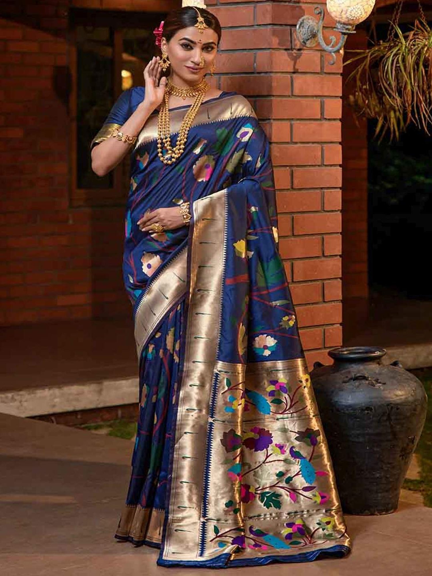 SHUBHKALA Blue Silk Woven Saree With Unstitched Blouse