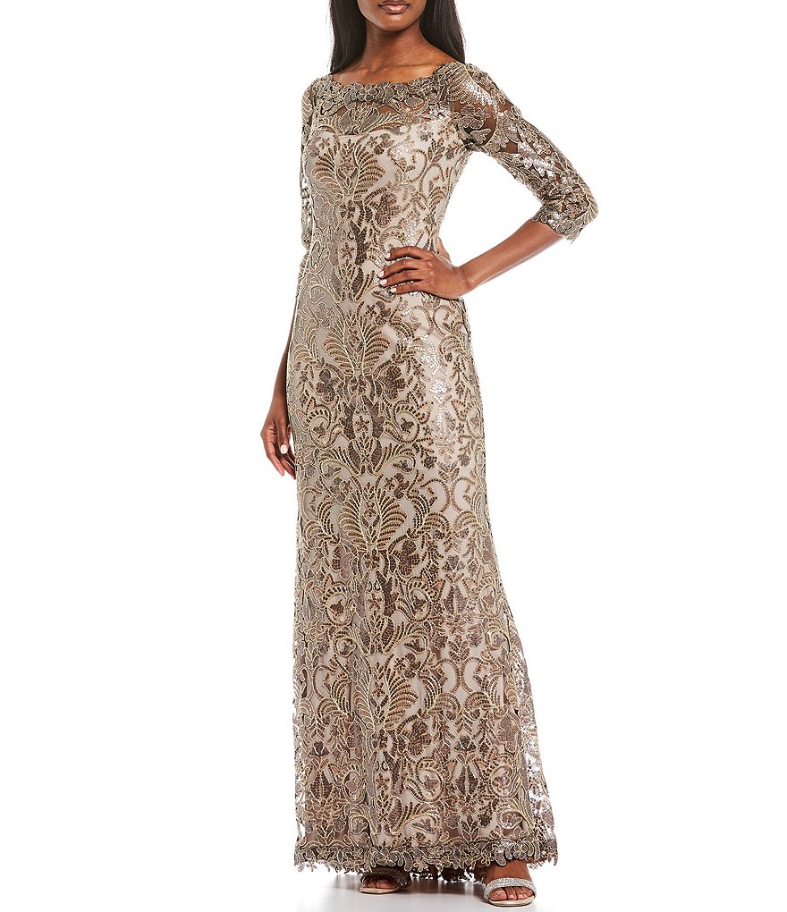 Tadashi Shoji Illusion Sleeve Boat Neck Sequin Corded Lace Gown