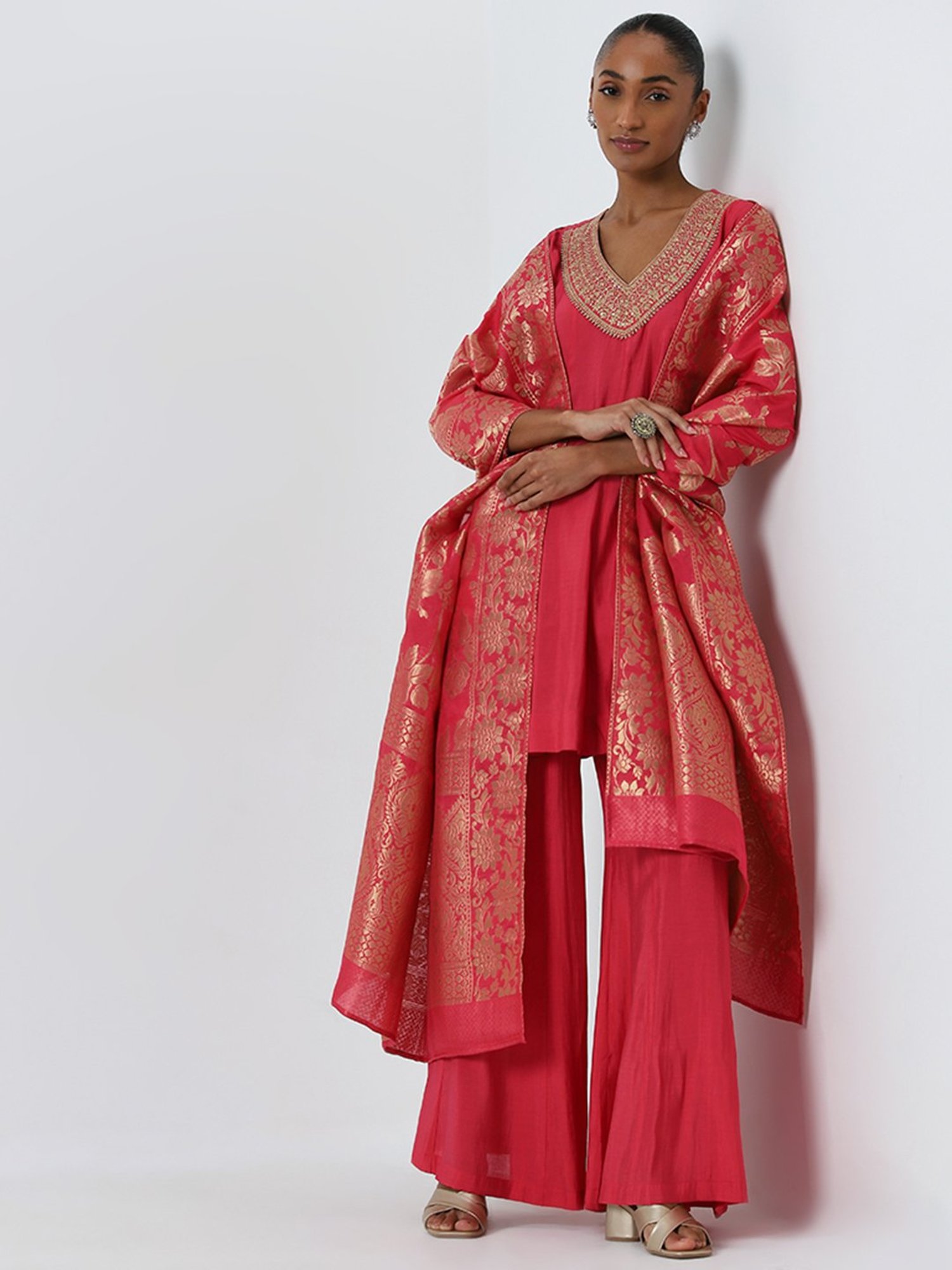 Vark by Westside Dark Pink Embellished Kurti, Palazzos and Dupatta Set