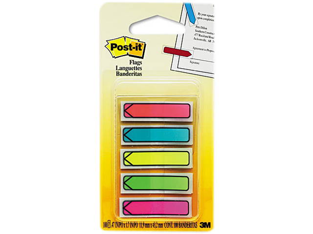 Post-it Flags 684-ARR2 Arrow 1/2" Flags, Five Assorted Bright Colors, 20/Color, 100/Pack