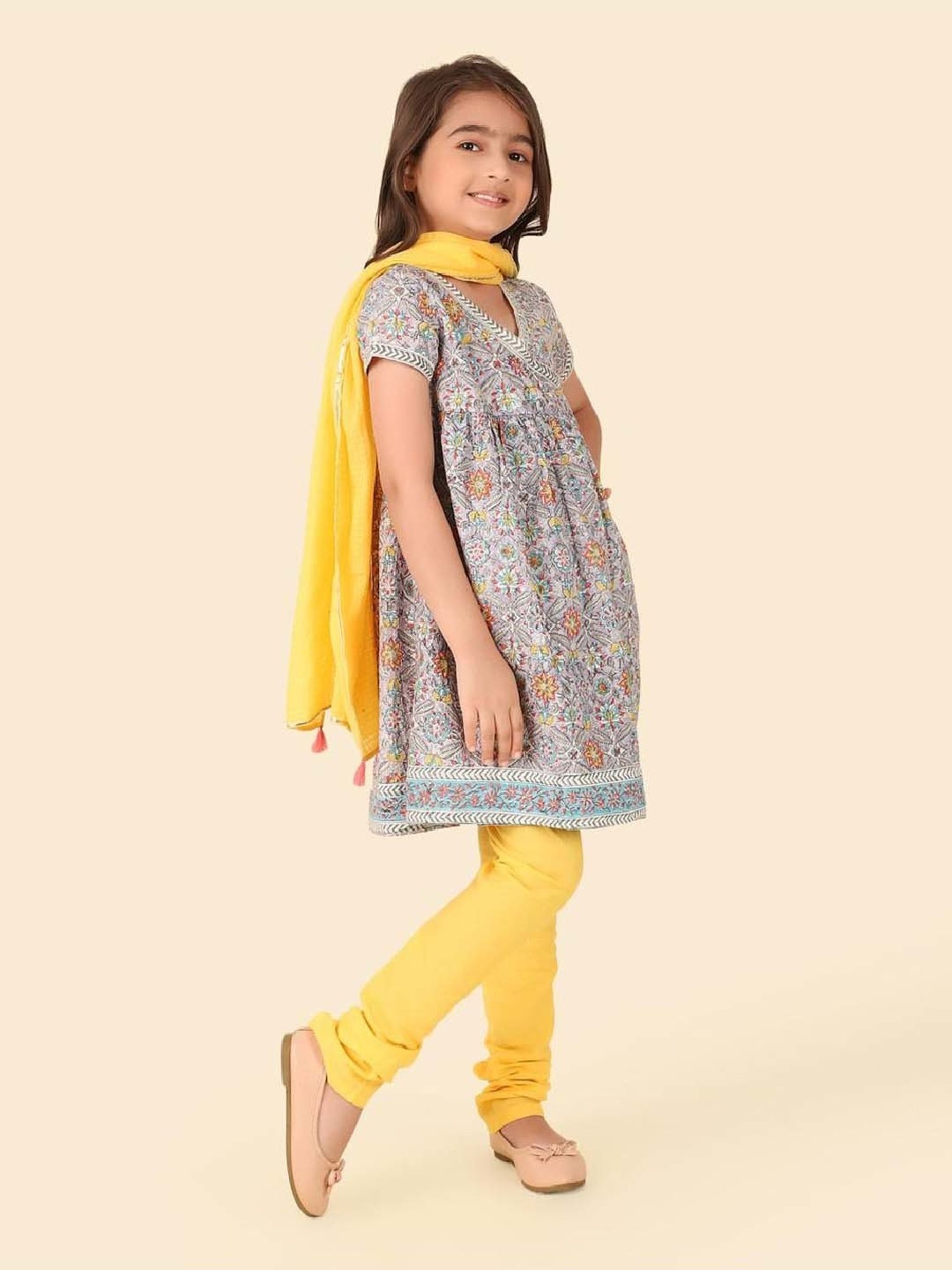 Fabindia Kids Grey & Yellow Cotton Printed Kurta Churidar Set