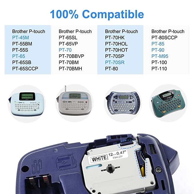 Compatible Label Tape Replacement for Brother M Tape 12mm 0.47 M Series Label Tape M231 MK231 MK431 MK531 MK631 MK731 Work for Brother P-Touch PT-90 PT-M95 PT-45M PT-65 Label Maker, 5 Color