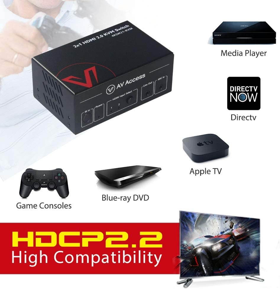 AV Access 2 in 1 Out UHD 4K@60hz 1080P@120Hz KVM Switch HDMI 2.0 with HDR 10 and 3D 18Gbps Zero Latency for 2 PCs Mic in/Audio Out IR & Button Control USB 2.0 Ports for Mouse Keyboard etc.