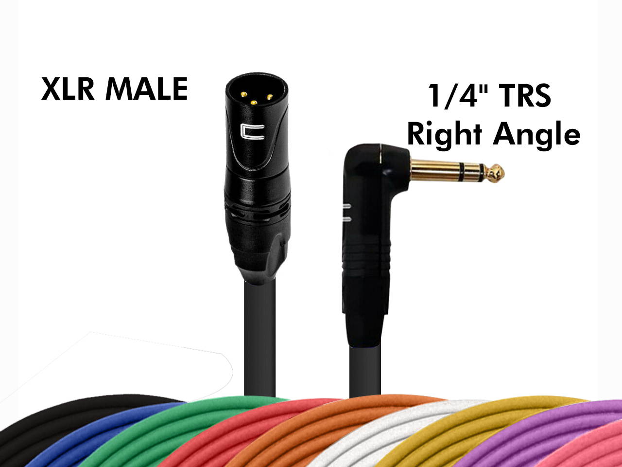 3-Pin XLR Male to Right Angle 1/4" TRS Balanced Stereo Cable Custom Length Color