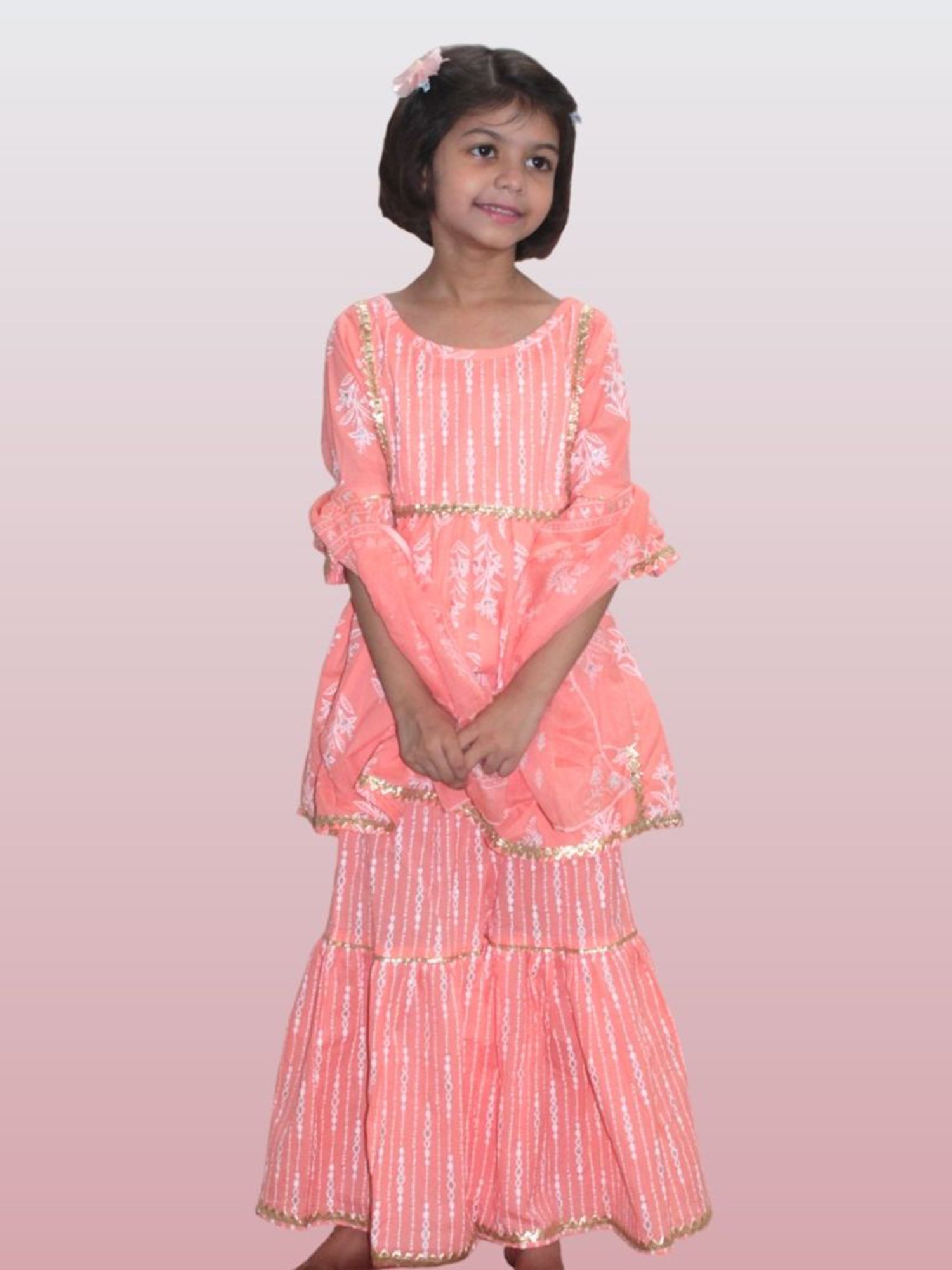 Tippy Top Kids Peach Floral Print Kurta, Sharara with Dupatta