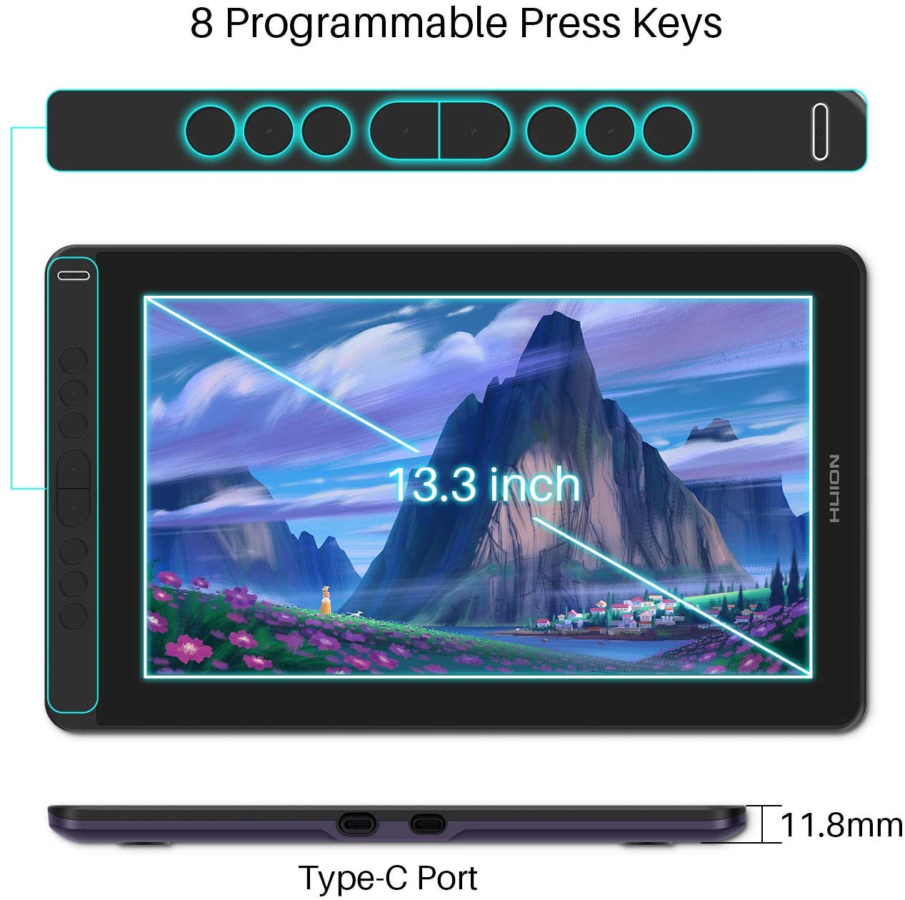 Huion Kamvas 13 Pen Display 2-in-1 Graphics Drawing Tablet with Screen Full-Laminated, Battery-Free Tilt Function 8192 Pen Pressure and 8 Shortcut Keys, Stand Included, Purple