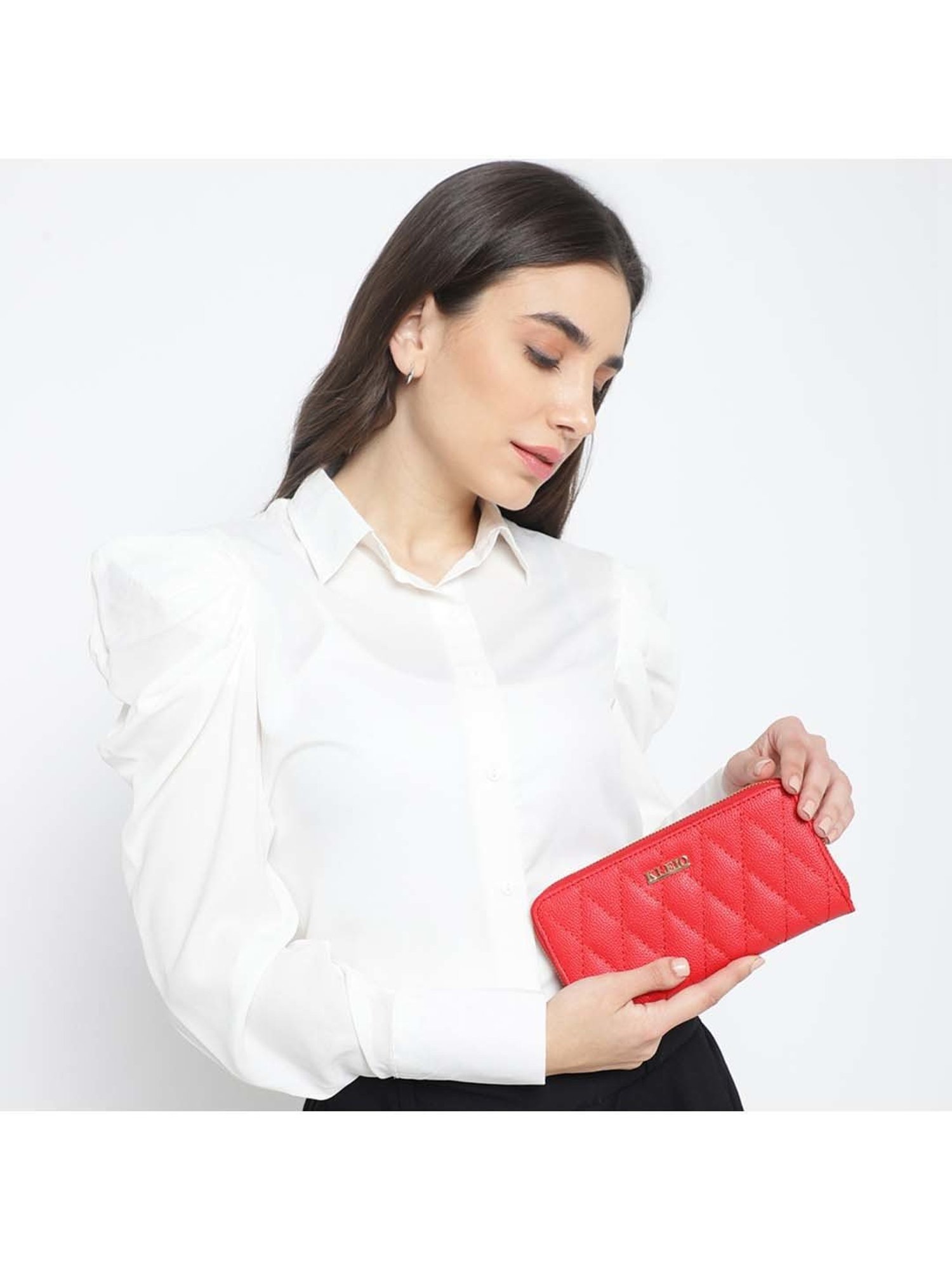 KLEIO Red Quilted Zip Around Wallet for Women