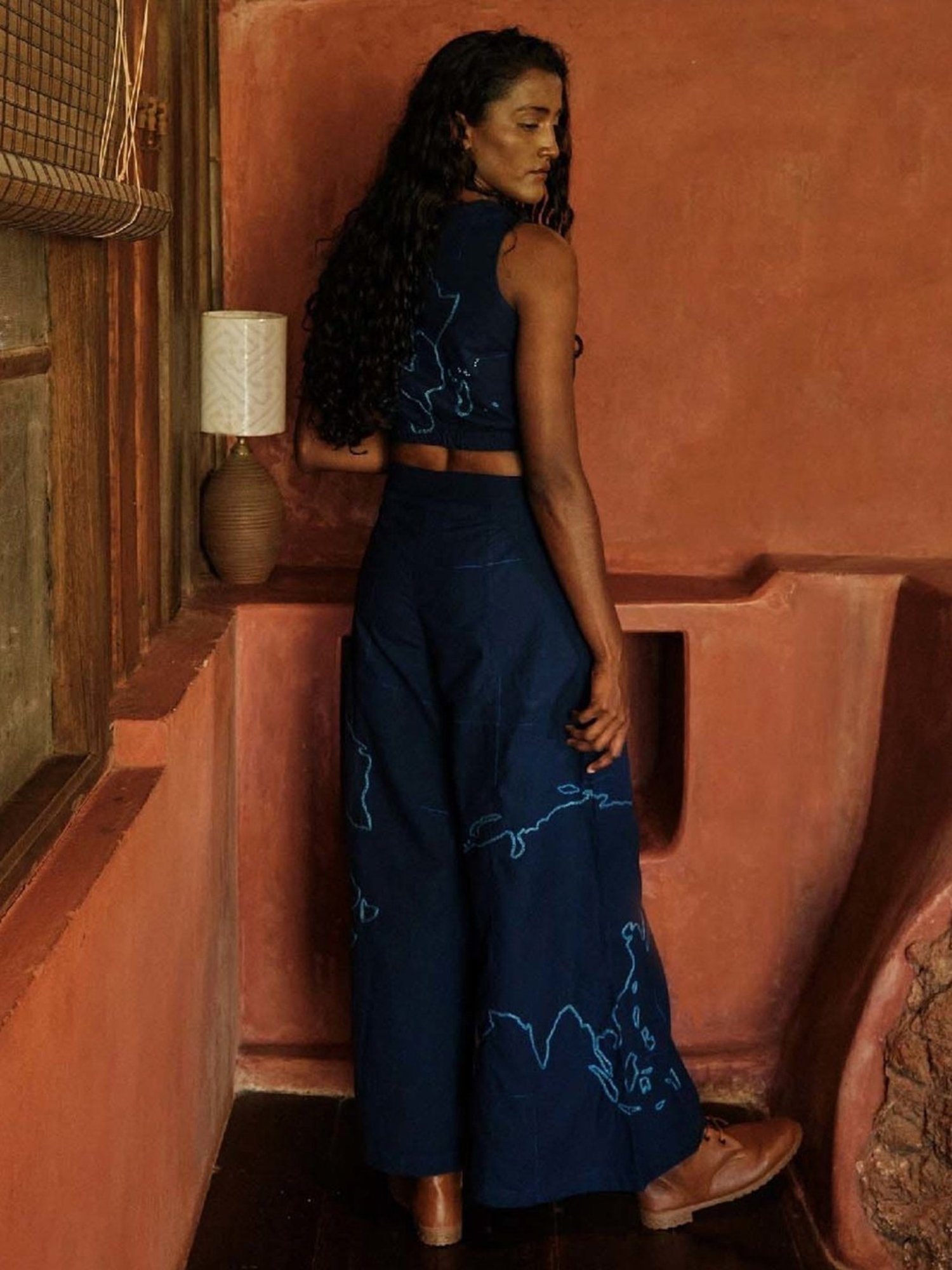 Okhai Excursion Navy Pure Cotton Hand Embroidered Flared Pants