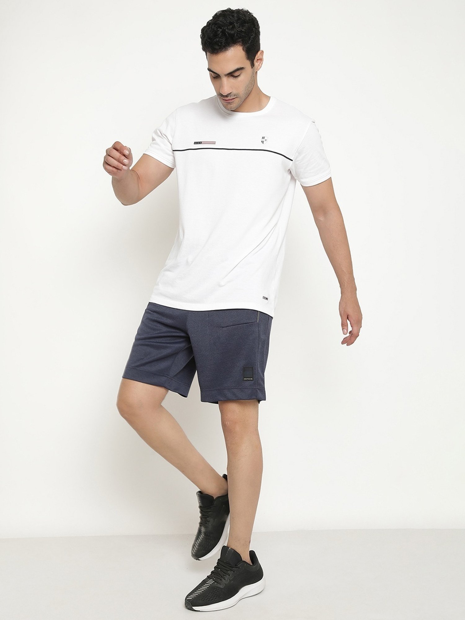Octave Navy Melange Cotton Regular Fit Shorts