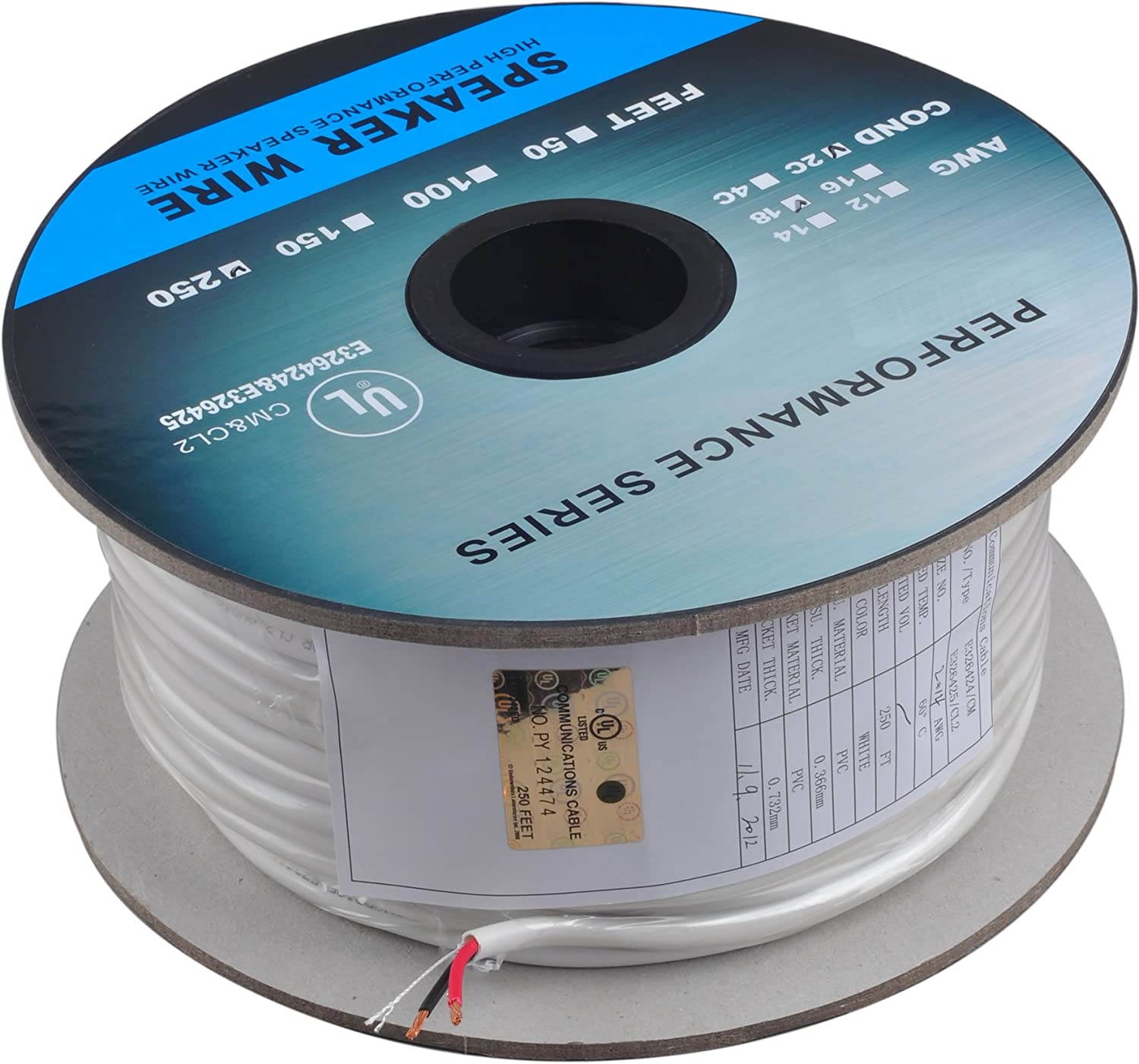 250ft (76m) Pro Series 18 Gauge 2-Conductor Speaker Wire (250 Feet / 76 Meter) White 99.9% Oxygen Free Copper ETL Listed & CL2 Rated with White PVC Jacket (for in-Wall Installation)