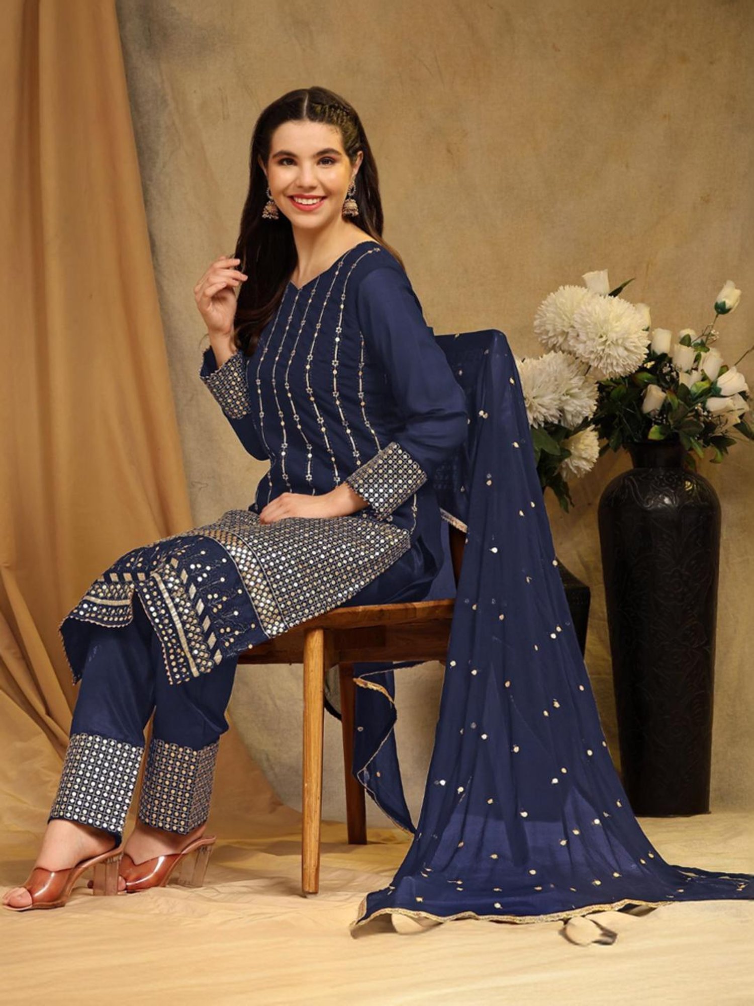 Odette Navy Embellished Unstitched Dress Material