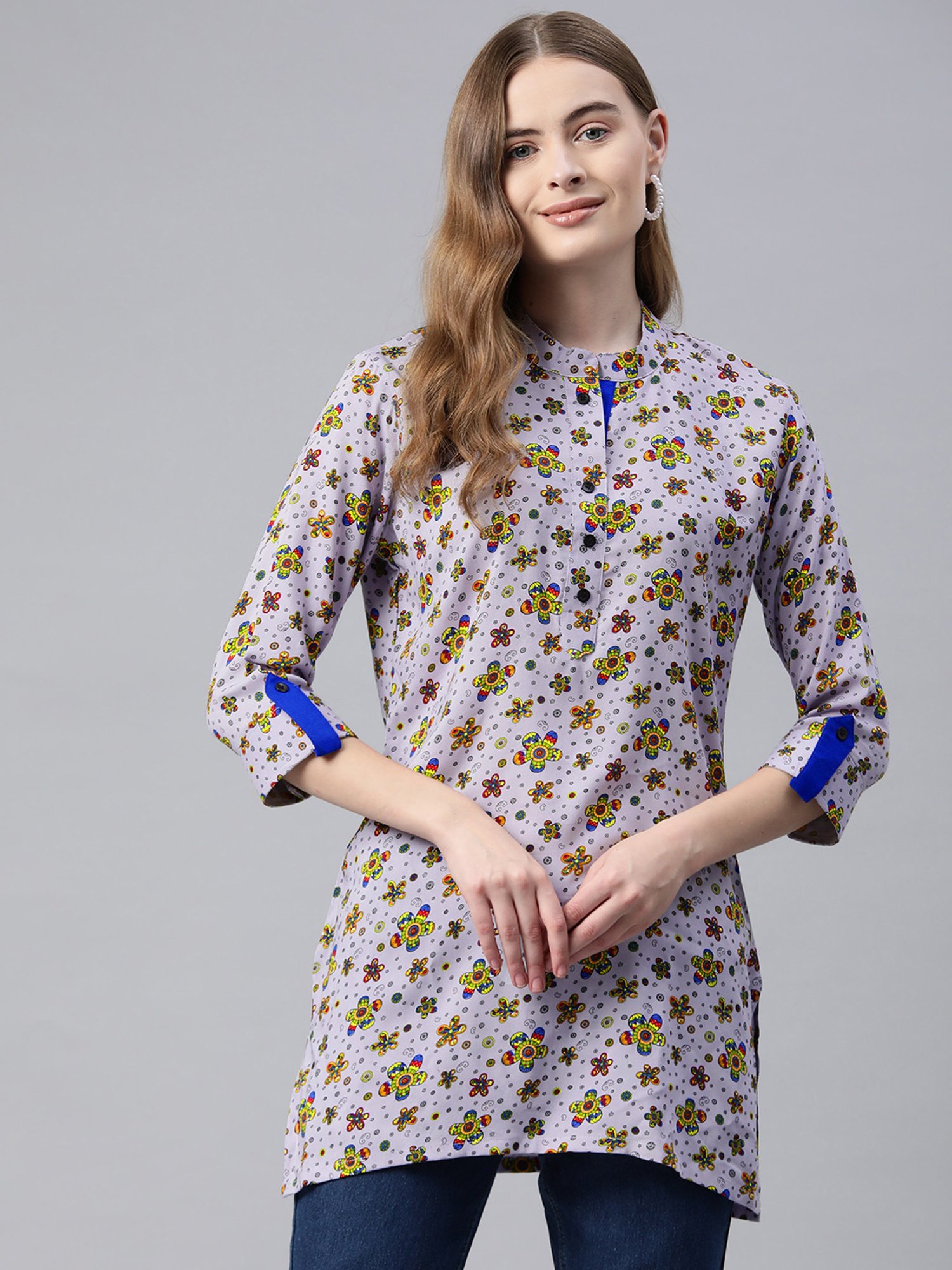 One Femme Grey Printed A Line Kurti