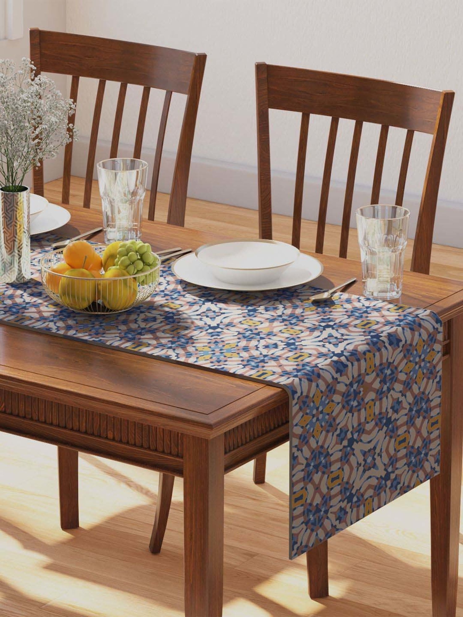 Petal Home Alhambra Blue & Beige Cotton Table Runner
