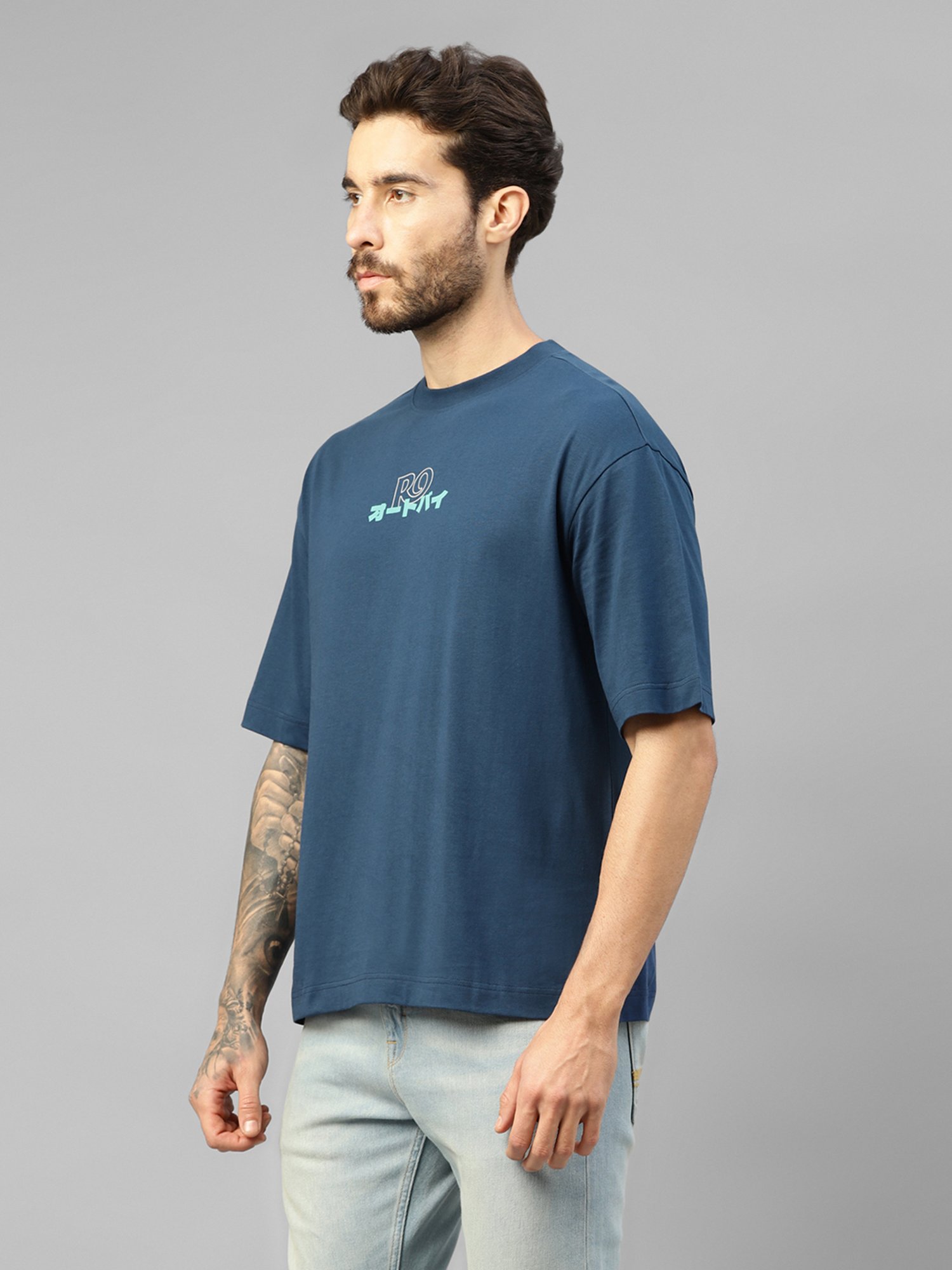 Royal Enfield Blue Regular Fit Printed Oversized Crew T-Shirt