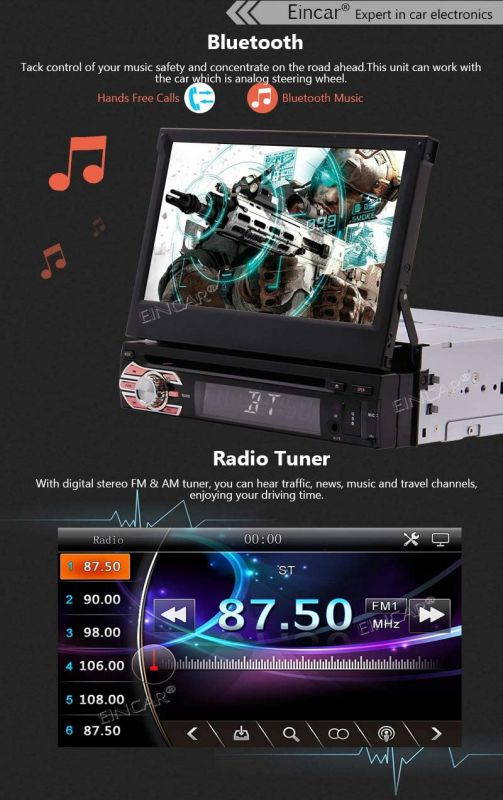 Single Din Car Stereo Touch Screen Radio with Bluetooth 7 Inch Flip Out Autoradio in Dash Head Unit Support DVD CD Player AM FM GPS Navigation Mirror Link for Android Phones Backup Camera Remote