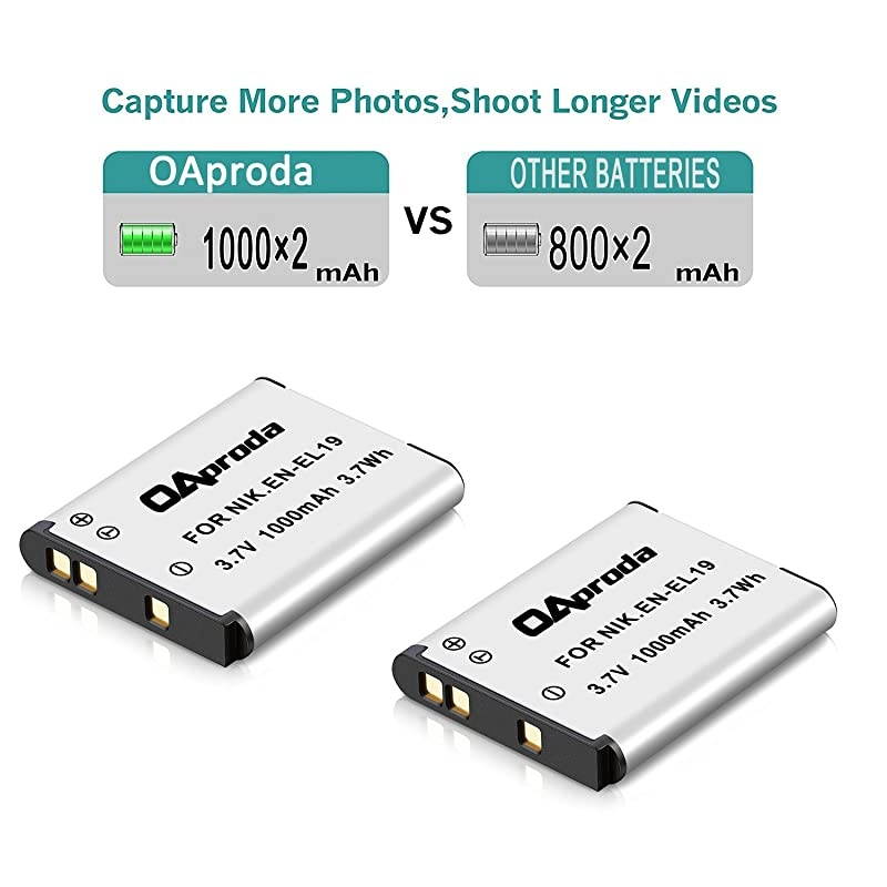 2 Pack ENEL19 Battery and Rapid USB Charger for Nikon Coolpix S32 S33S100 S2800 S3100 S3200 S3300 S3500 S3600 S3700 S4100 S4200 S4300S5200S5300S6500 S6800S7000 Digital Camera