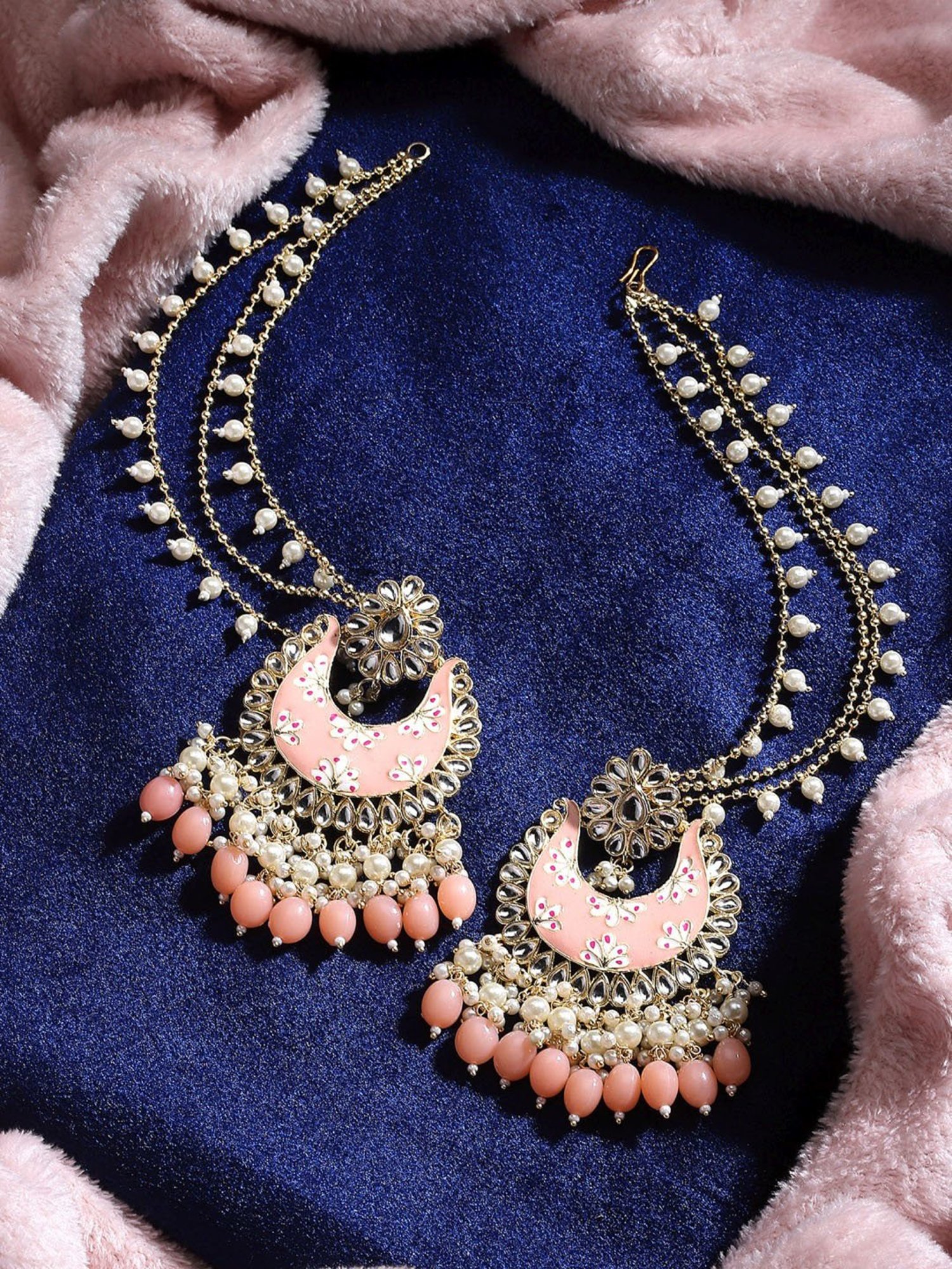Karatcart Peach Meena Floral Design Gold Plated Pearl and Tumble Studded Kundan Kaanchain Earrings