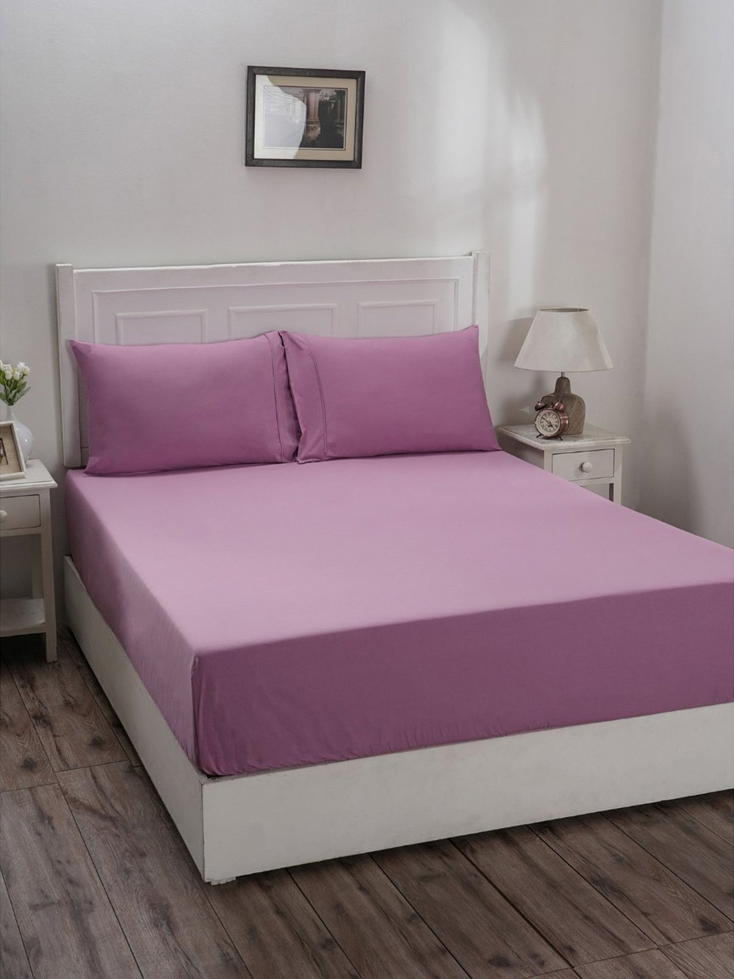 Maspar Colorart Eden Purple 144 TC Cotton Single Fitted Bed Sheet With 1 Pillow Cover