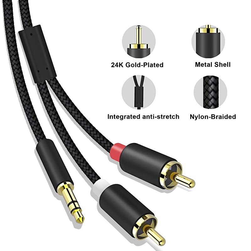 2 RCA to 3.5mm,  6Ft Braided 3.5mm Male to 2 Male RCA Audio Cable, Left and Right Channels AUX Stereo Cable for Audiophiles Headphone, Cellphone, MP3, Home Theater, HiFi Systems, Record Player