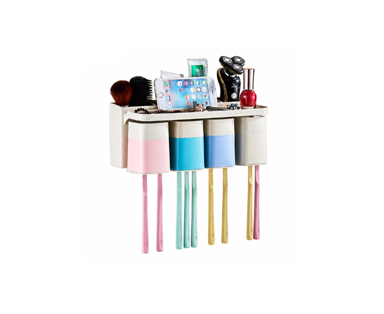 Wall Mounted Toothbrush Holder Container Set,Natural Wheat Straw Toothpaste Storage