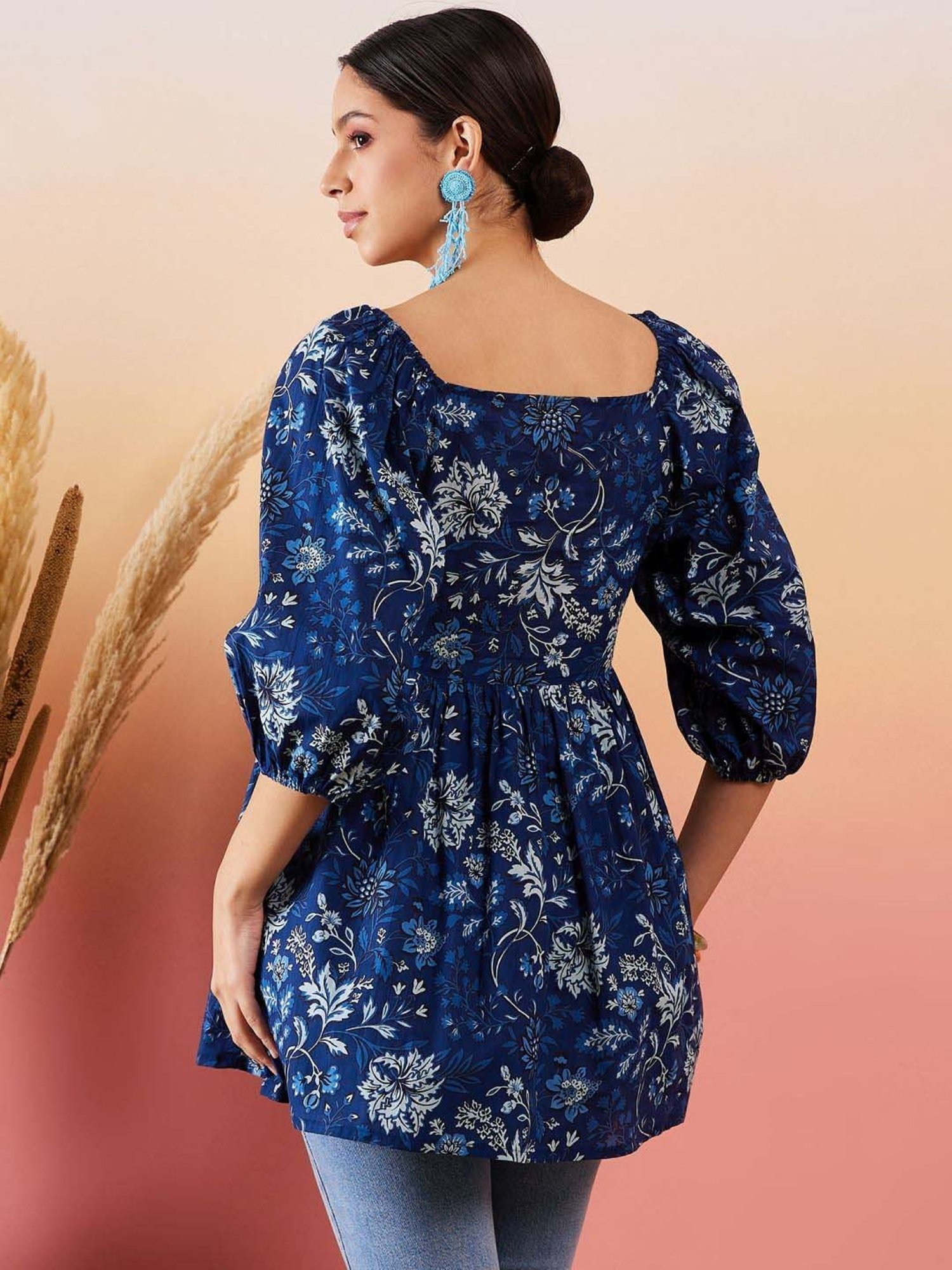 Inweave Blue Cotton Floral Print Top