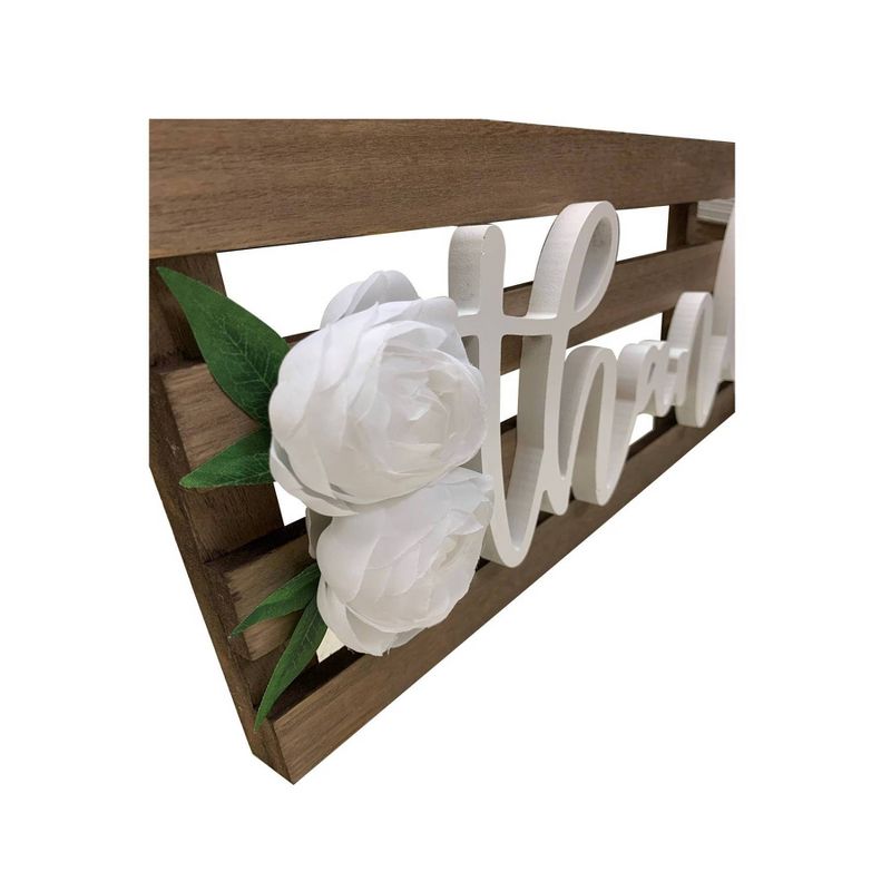 8" x 25" Thankful Raised Word Slatted Wall Set with Faux Flowers White - New View