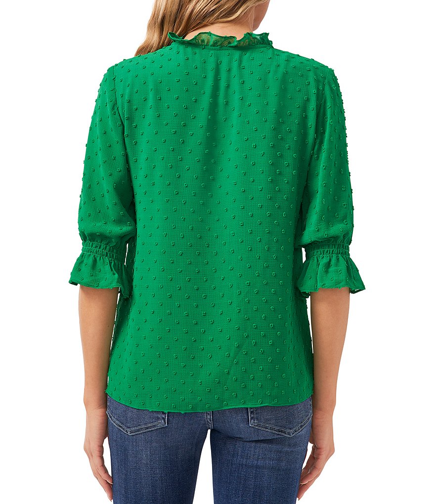 CeCe Split Neck Elbow Sleeve Clip Dot Chiffon Blouse