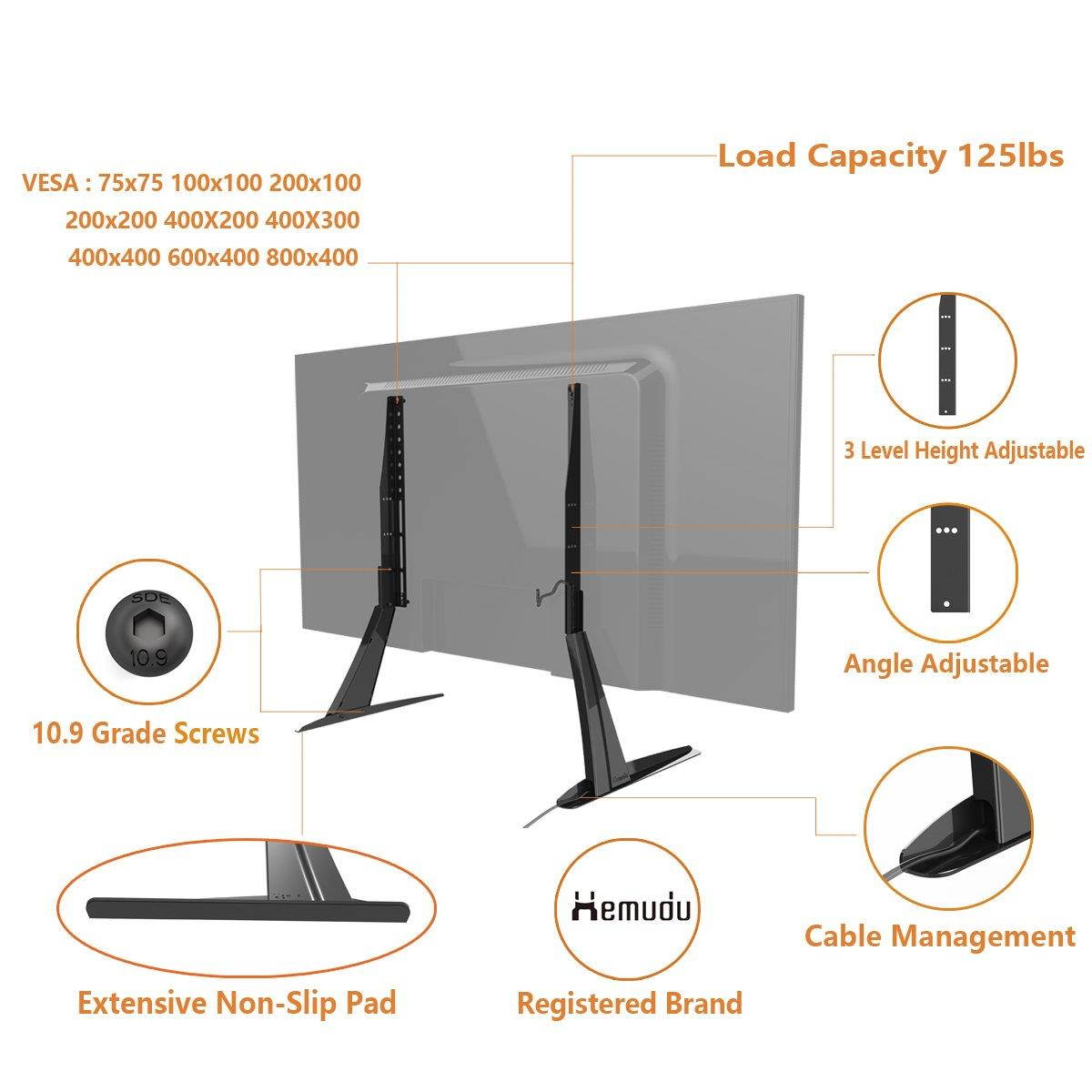 Hemudu Universal Table Top TV Stand Base VESA Pedestal Mount for 27 inch to 55 inch TVs with Cable Management and Height Adjustment,Holds up to 125lbs