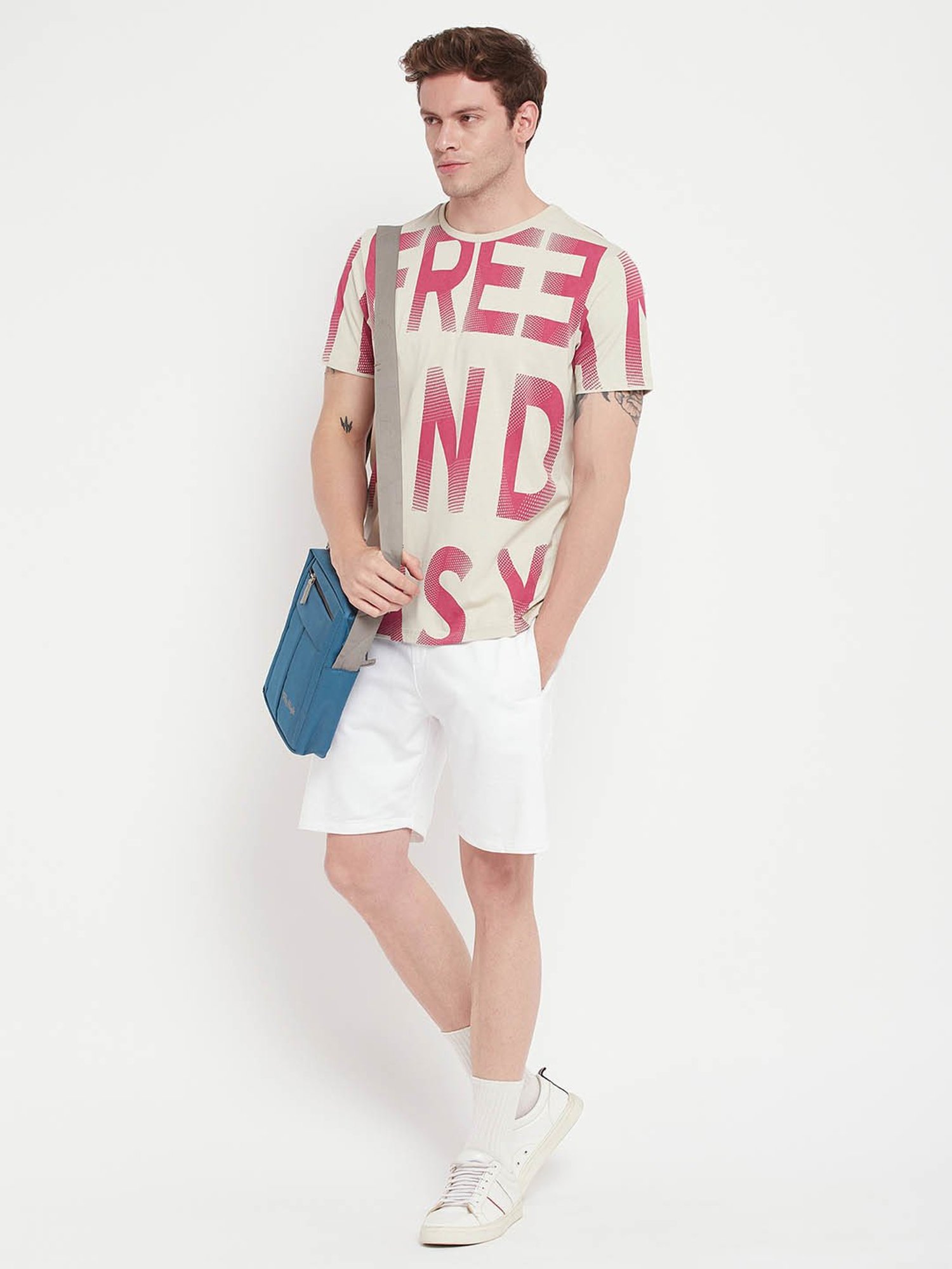 EDRIO Beige Regular Fit Printed T-Shirt