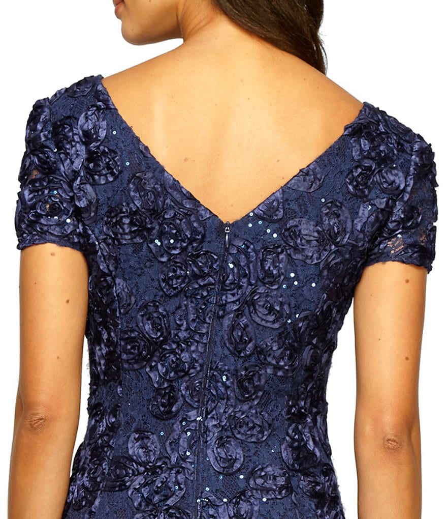 Alex Evenings Sequined-Lace Rosette-Rose Gown