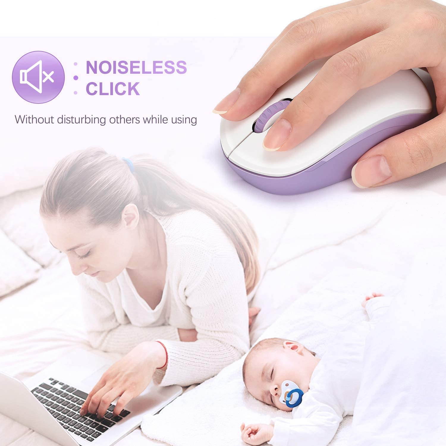 Wireless Mouse, 2.4G Noiseless Mouse with USB Receiver -  Portable Computer Mice for PC, Tablet, Laptop, Notebook, Computer - Purple & White