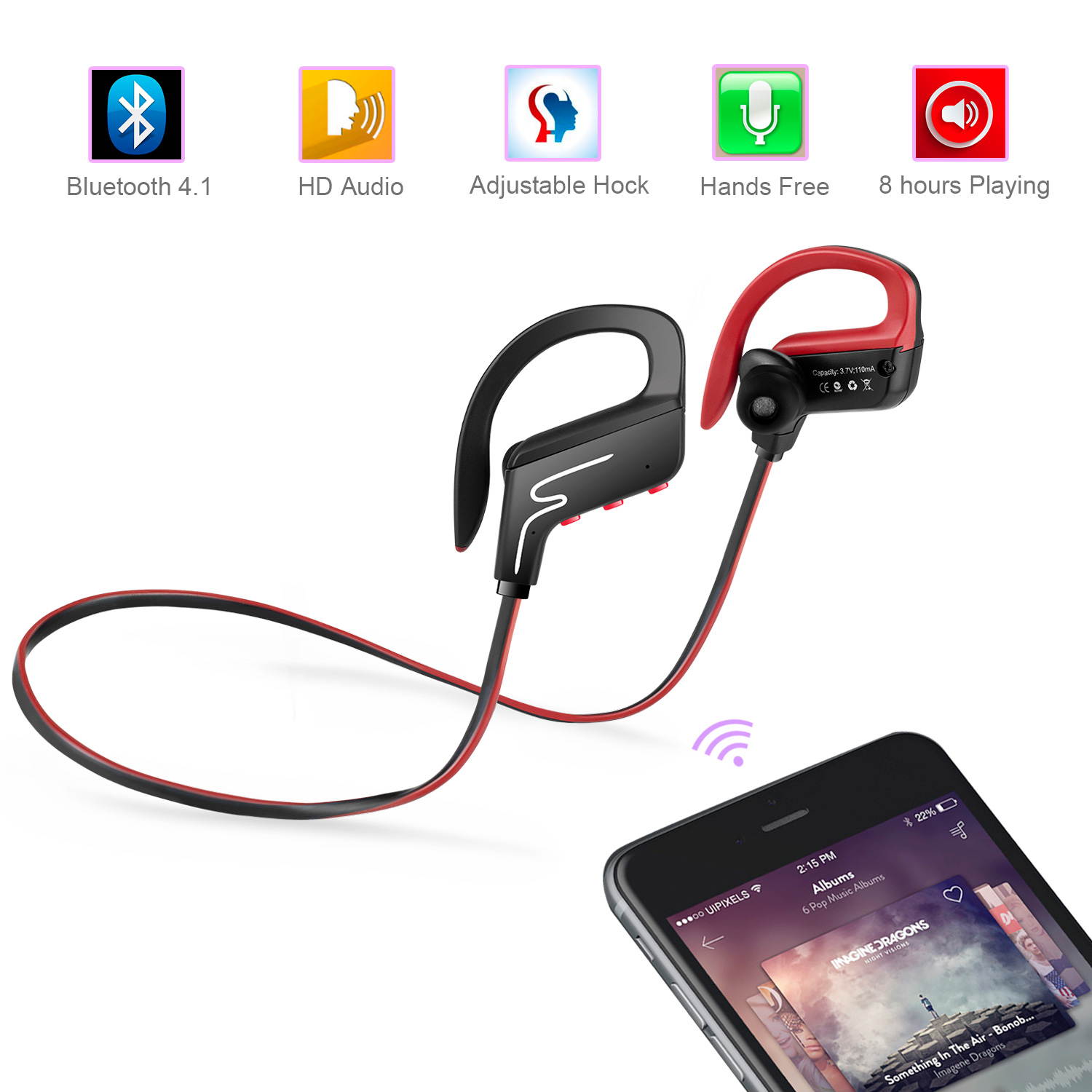 Bluetooth Wireless Sports Headset,Running Sweatproof Earbuds - Stereo Bass - Noise Isolation - In EAR