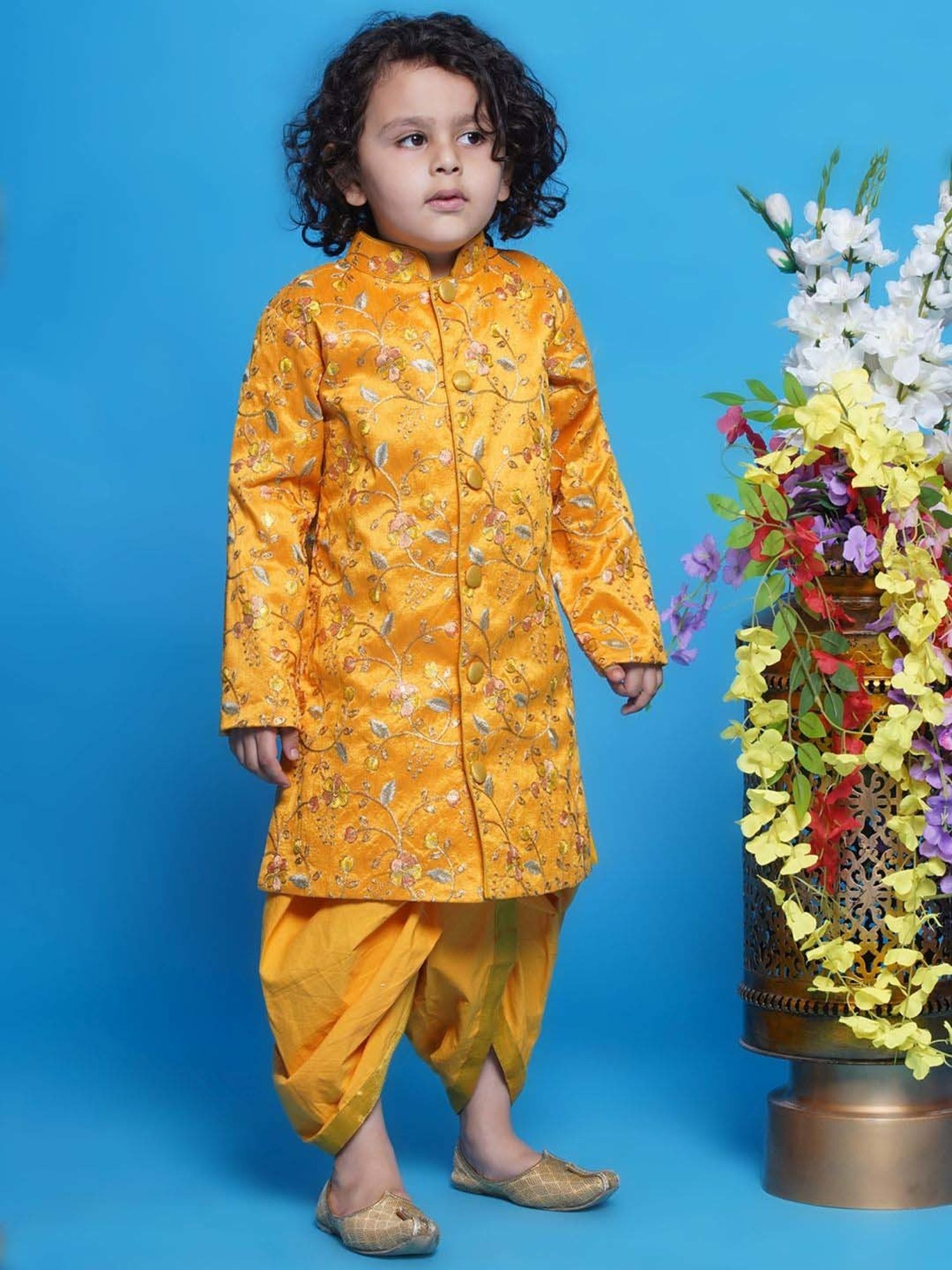 Little Bansi Boys Yellow Embroidery Full Sleeves Kurta Set
