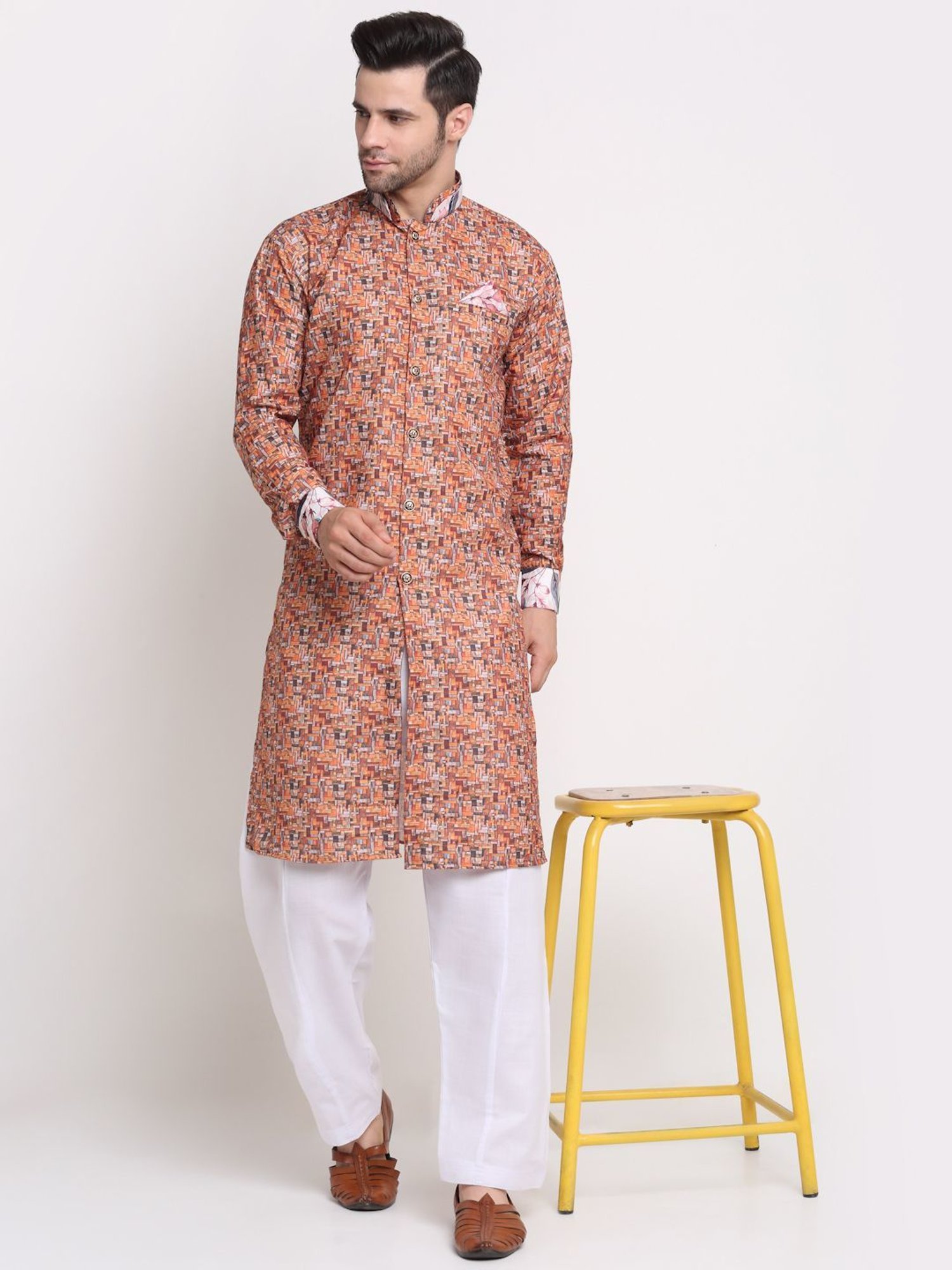 Benstoke Orange & Multi Cotton Regular Fit Printed Sherwani Set
