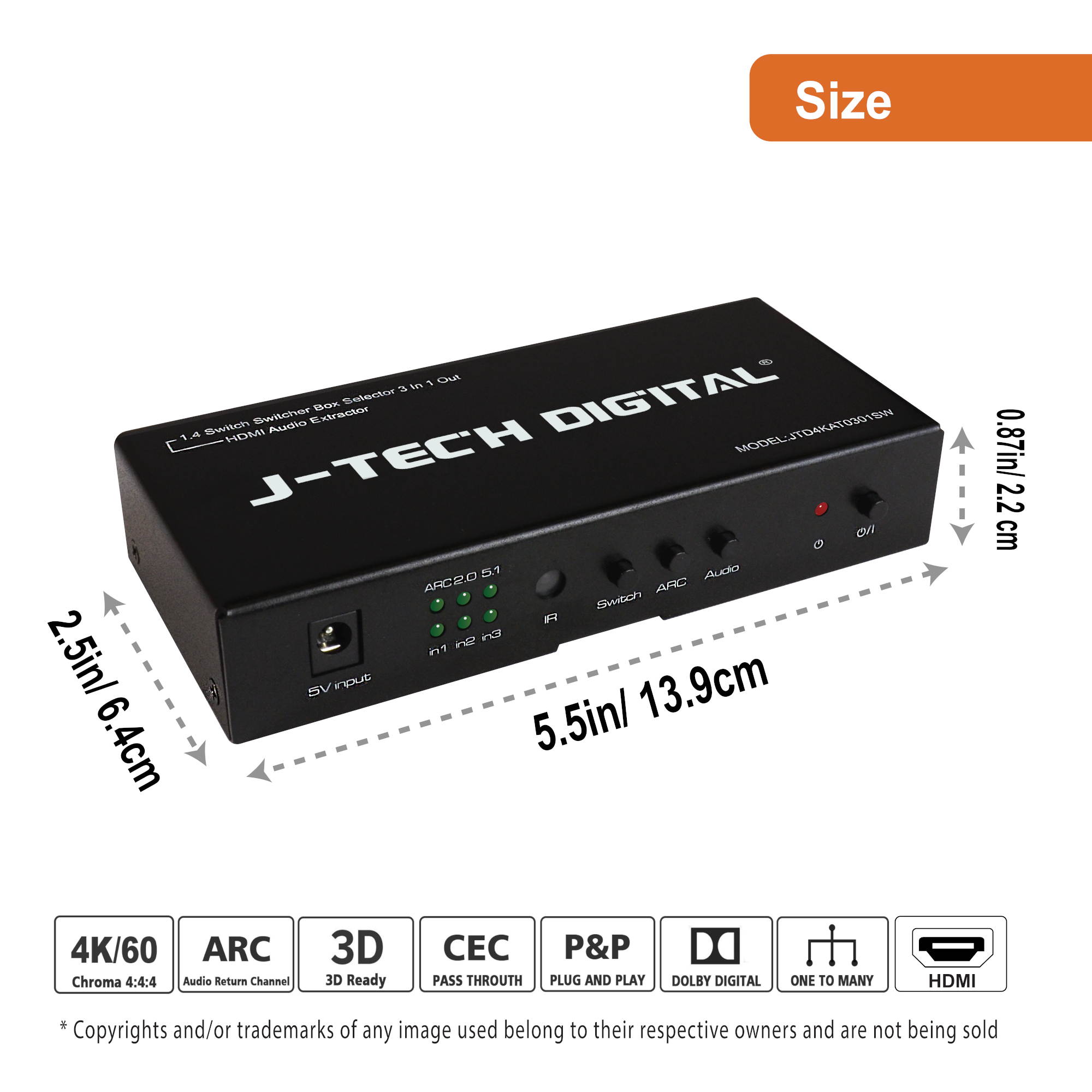 J-Tech Digital HDMI 1.4 Switch Switcher Box Selector 3 in 1 Out Audio Extractor w/Optical SPDIF & RCA L/R Audio Out & IR Control Supports ARC, MHL, 4K, Full 3D, 4kx2k, 1080P (Support Apple TV 4Gen)