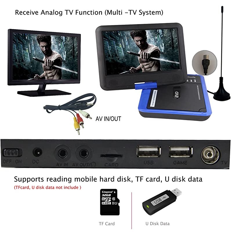 Handheld Portable DVD Player 95 Inch 270 Degree Swivel Screen Support Analog Tv Vcdcdmp3mp4usb Sd Card Slot Card Reader Gamefm Radio with Game Controller and Remote Controller Black